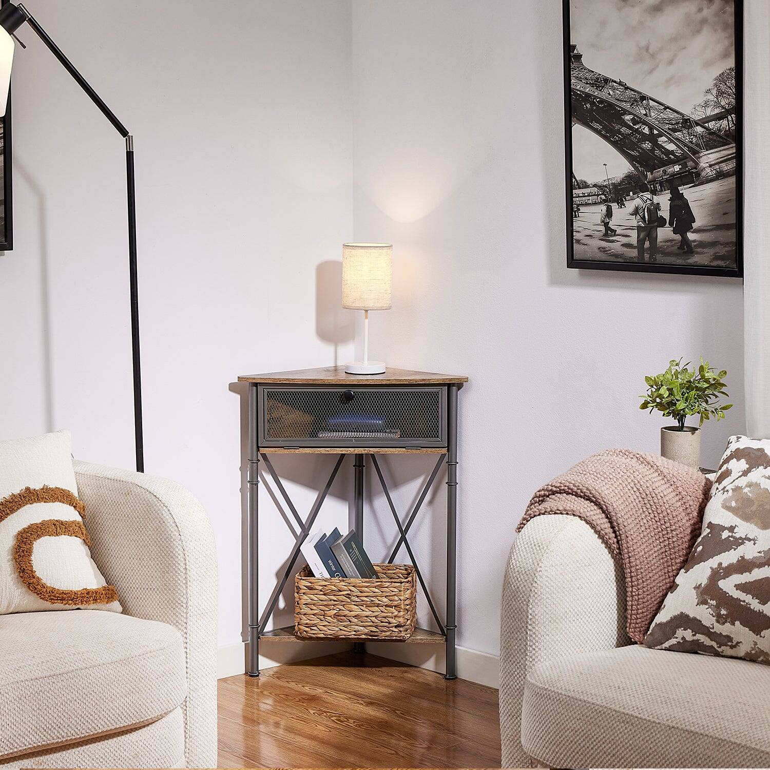 Back. Vecelo - Triangle Corner Storage Cabinet with Doors, Small Corner Cabinet with Shelves for Bathroom, Living Room - Gray.