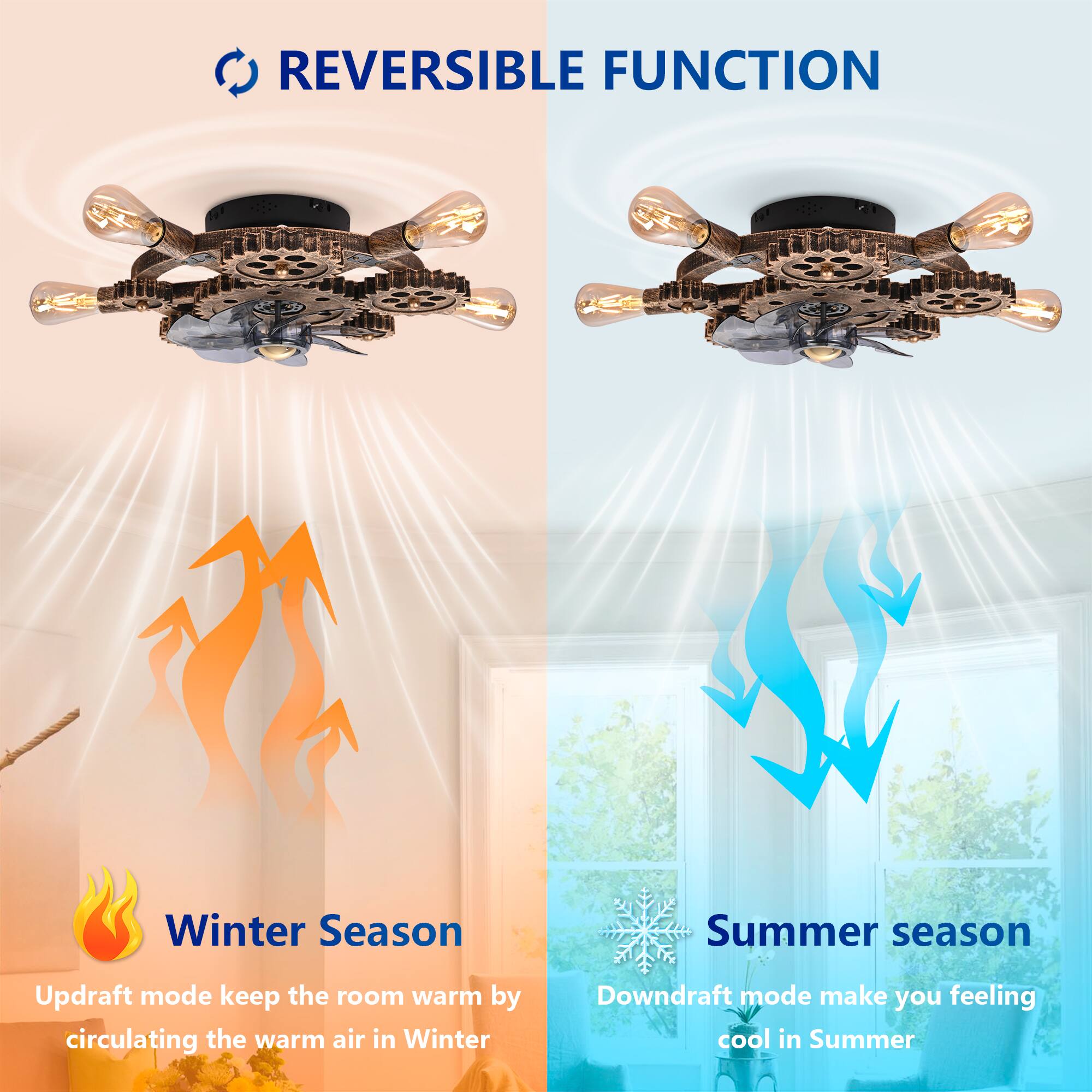 REVERSIBLE FUNCTION

Winter Season  
Updraft mode keeps the room warm by circulating the warm air in Winter

Summer Season  
Downdraft mode makes you feel cool in Summer