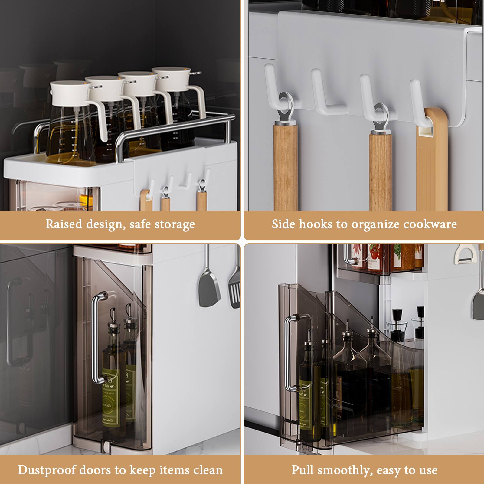 - Raised design, safe storage
- Side hooks to organize cookware
- Dustproof doors to keep items clean
- Pull smoothly, easy to use