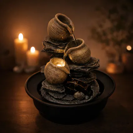 Front. FC Design - 12"H Brown Rustic Jug Fountain - Tiered Faux Stone Design with Cascading Bowls Design.