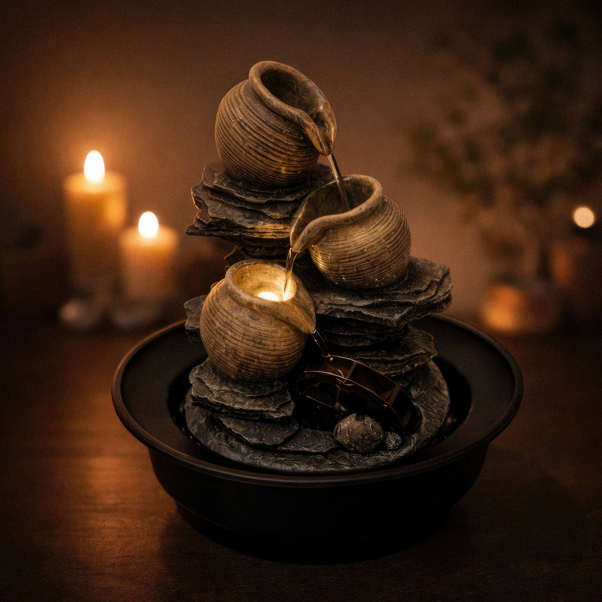 Front. FC Design - 12"H Brown Rustic Jug Fountain - Tiered Faux Stone Design with Cascading Bowls Design.