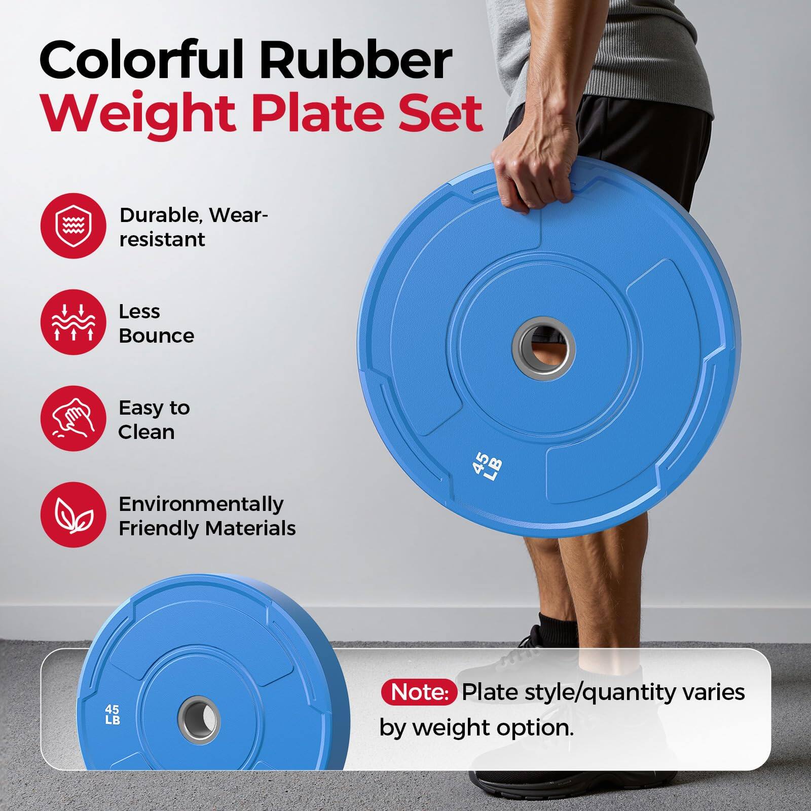 Colorful Rubber Weight Plate Set

- Durable, Wear-resistant
- Less Bounce
- Easy to Clean
- Environmentally Friendly Materials

45 LB

Note: Plate style/quantity varies by weight option.