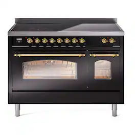 ILVE - Nostalgie II 48 inch Induction Range with 6 Elements (Triple Glass Door, Brass) - Glossy Black