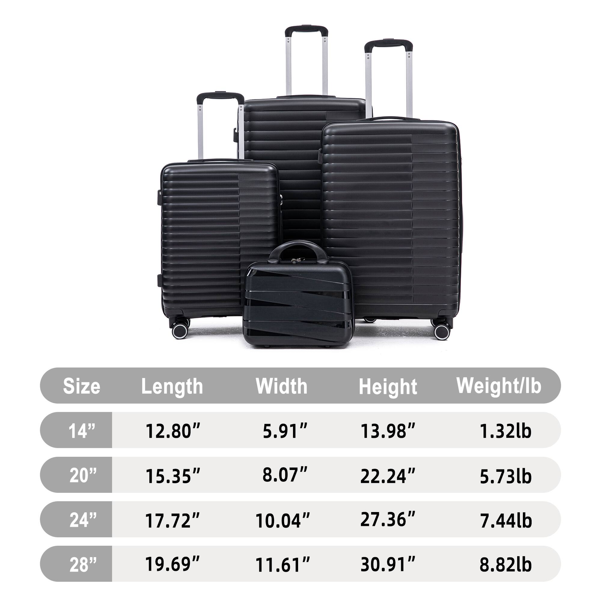 Size | Length | Width | Height | Weight/lb
---|---|---|---|---
14" | 12.80" | 5.91" | 13.98" | 1.32lb
20" | 15.35" | 8.07" | 22.24" | 5.73lb
24" | 17.72" | 10.04" | 27.36" | 7.44lb
28" | 19.69" | 11.61" | 30.91" | 8.82lb