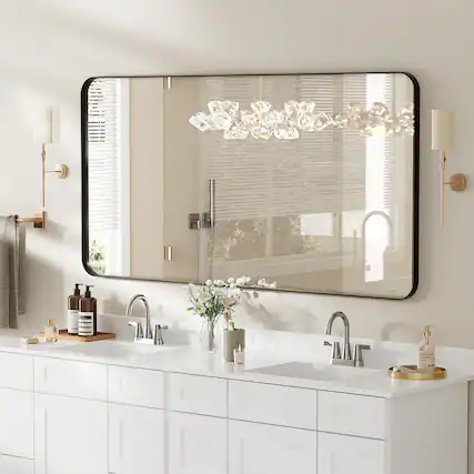 Front. LOVMOR - 55 in. W x 30 in. H Modern Rectangular Aluminum Framed Wall Bathroom Vantiry Mirror in Black - Black.