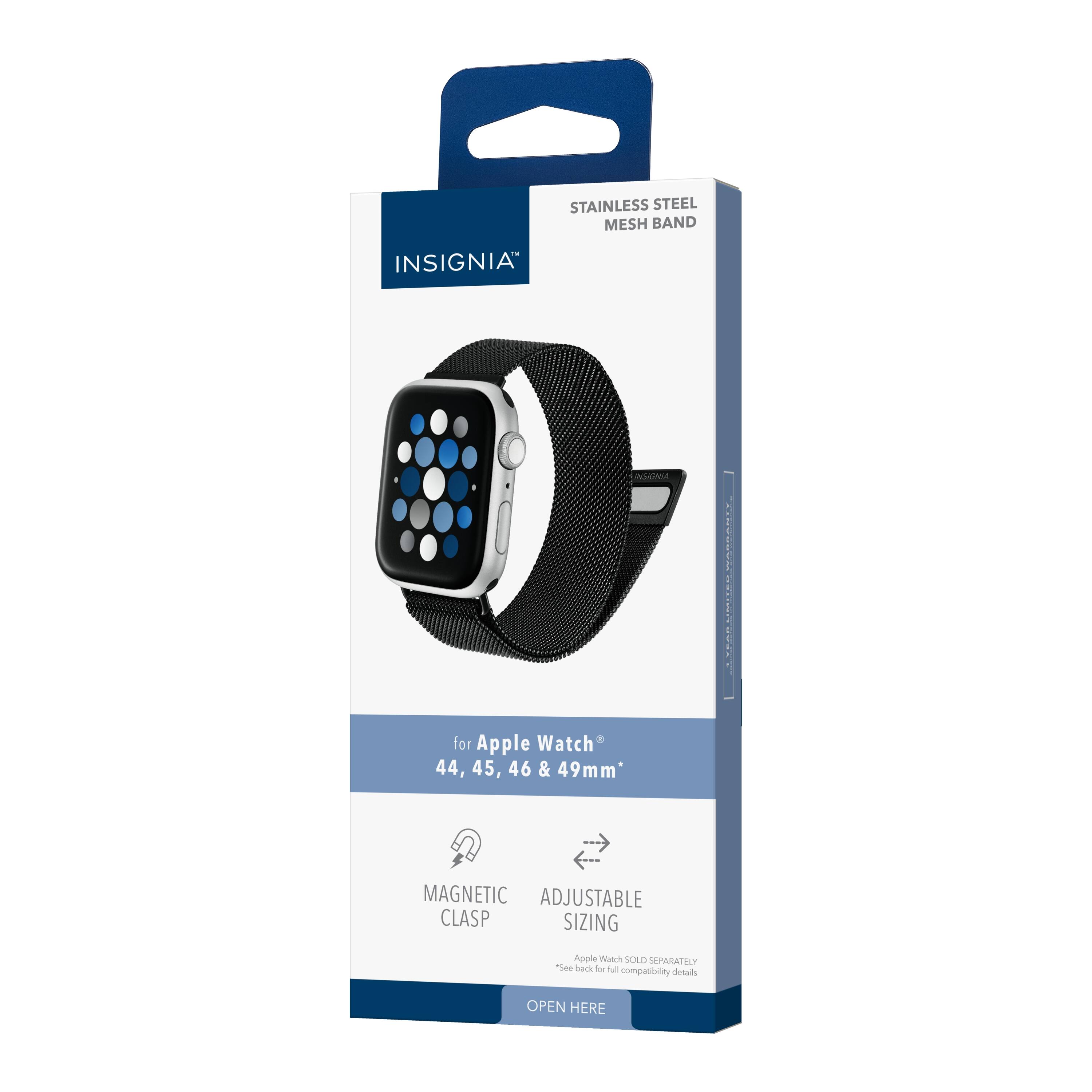 STAINLESS STEEL MESH BAND  
INSIGNIA™  

for Apple Watch® 44, 45, 46 & 49mm*  

MAGNETIC CLASP  
ADJUSTABLE SIZING  

Apple Watch® SOLD SEPARATELY  
See back for full compatibility details  

OPEN HERE