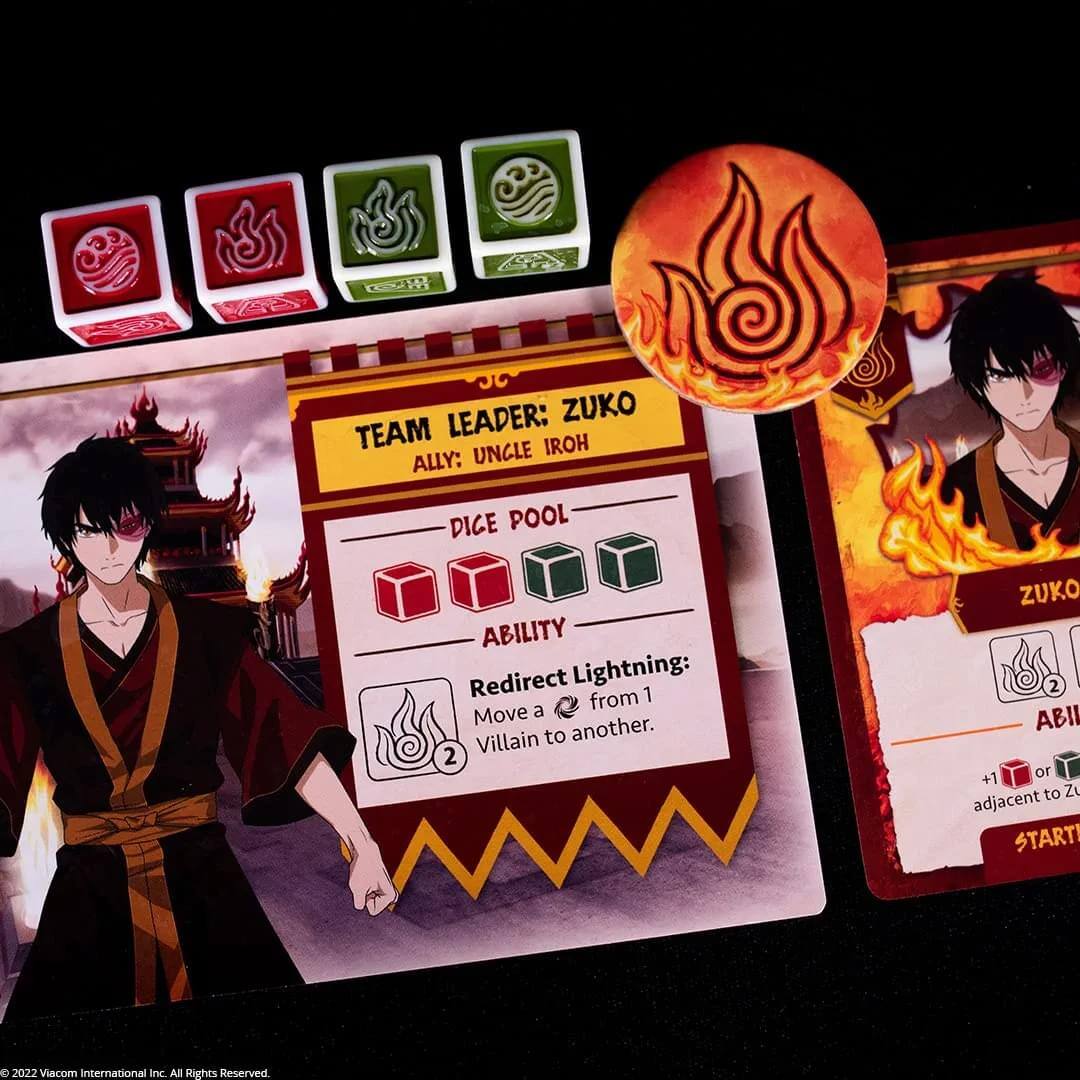 LEADER: ZUKO  
TEAM: IROH  
ALLY: UNGLE  

DICE POOL:  
ABILITY: Redirect Lightning: Move a Villain from 1 to another.  

2 ZUKO  
2 ABII +1 or to Z adjacent  

START!  

2022 Viacom International Inc. All Rights Reserved.