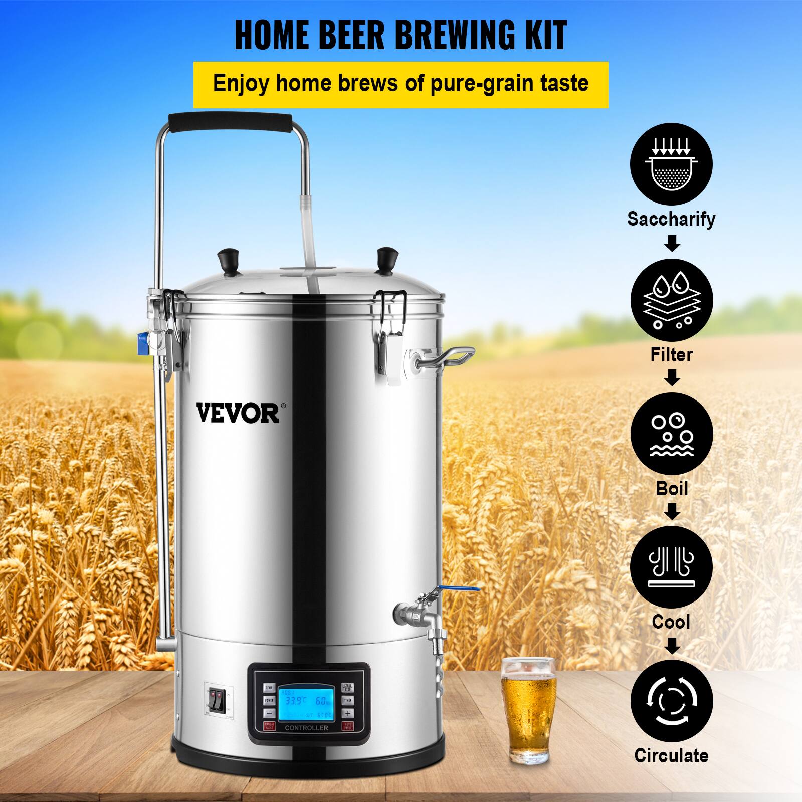 HOME BEER BREWING KIT  
Enjoy home brews of pure-grain taste  

- Saccharify  
- Filter  
- Boil  
- Cool  
- Circulate  

VEVOR  
CONTROLLER