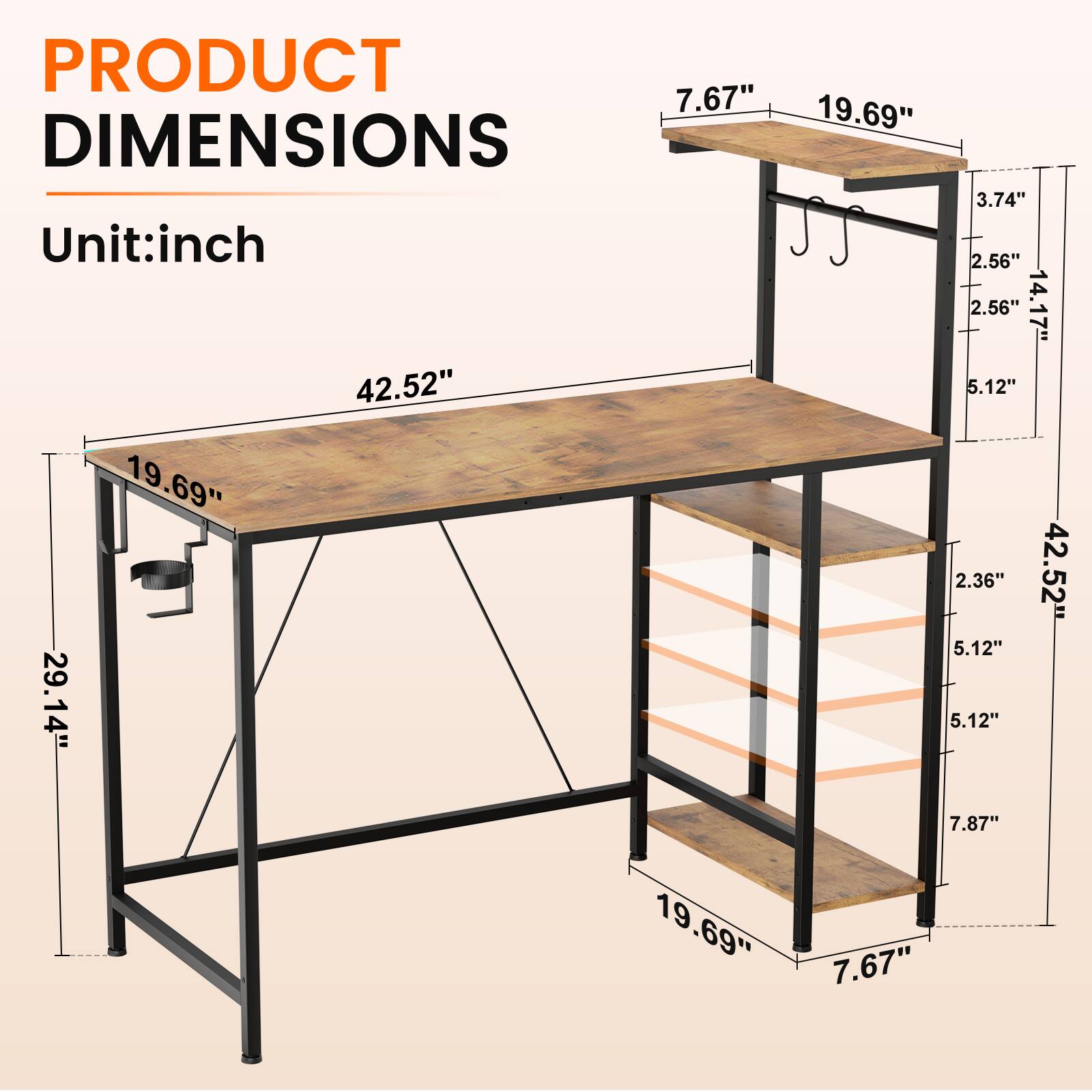 PRODUCT DIMENSIONS  
Unit: inch  

- 7.67"  
- 19.69"  
- 3.74"  
- 2.56"  
- 14.17"  
- 42.52"  
- 5.12"  
- 2.36"  
- 29.14"  
- 7.87"