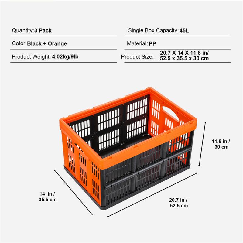 Quantity: 3 Pack  
Single Box Capacity: 45L  
Color: Black + Orange  
Product Weight: 4.02kg/9lb  
Material: PP  
Product Size: 20.7 X 14 X 11.8 in / 52.5 x 35.5 X 30 cm