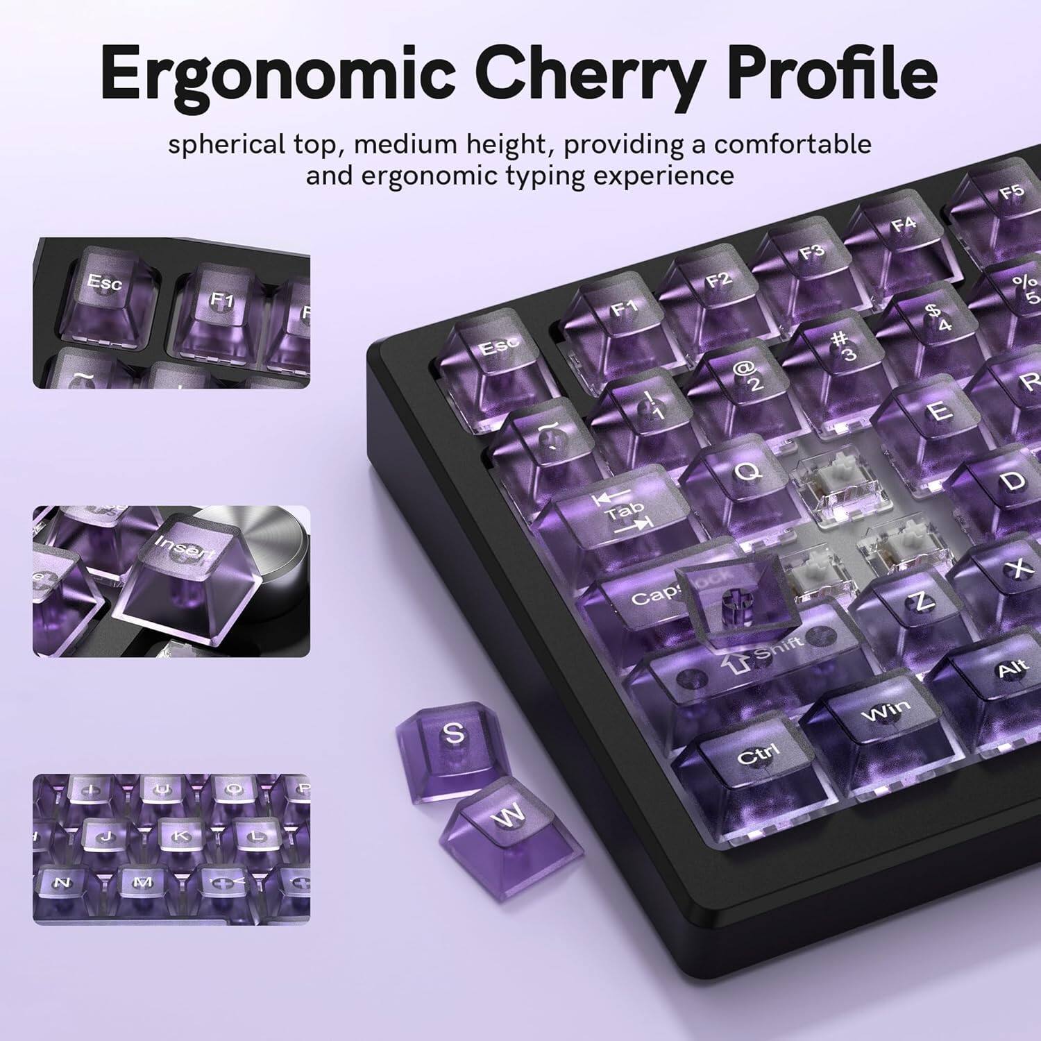 Ergonomic Cherry Profile spherical top, medium height, providing a comfortable and ergonomic typing experience

FS FA F3 Esc F2 % F1 5 F F1 $ 4 Esc # 3 2 R 1 E a J Insel 1  K O L S W Tab Cap! Q Shift T Ctrl Z Win D X Alt N