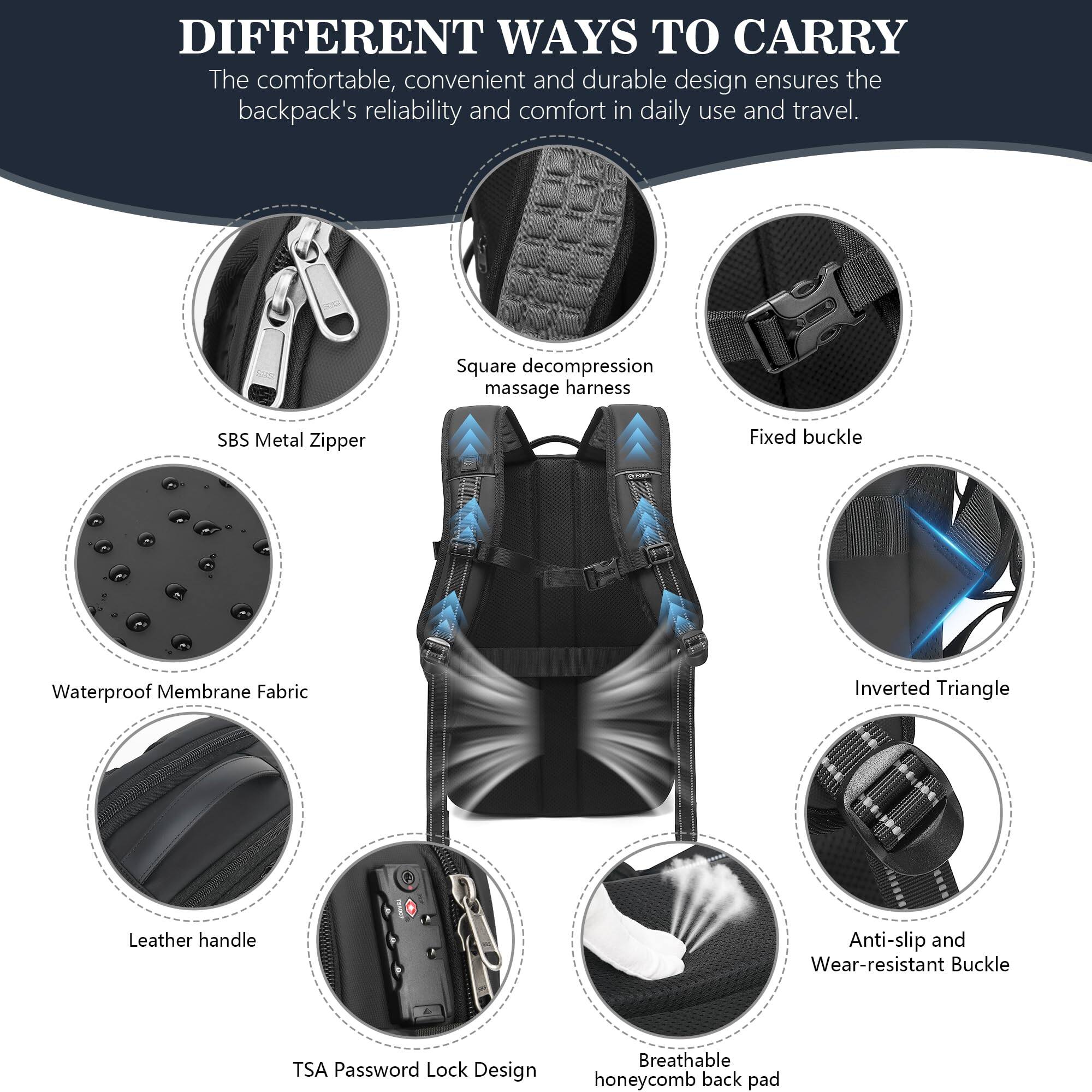 DIFFERENT WAYS TO CARRY

The comfortable, convenient and durable design ensures the backpack's reliability and comfort in daily use and travel.

- SBS Metal Zipper
- Square decompression massage harness
- Fixed buckle
- Waterproof Membrane Fabric
- Inverted Triangle
- Leather handle
- TSA Password Lock Design
- Breathable honeycomb back pad
- Anti-slip and Wear-resistant Buckle