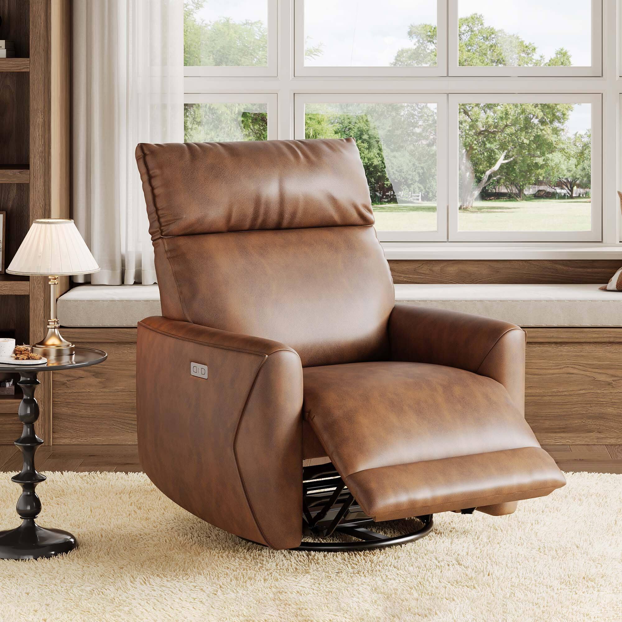 Front. Homhougo - Power Recliner Chair, Swivel Rocker Chair for Adults, Upholstered Fabric Glider Recliner Nursery Chair with USB Ports - Brown.
