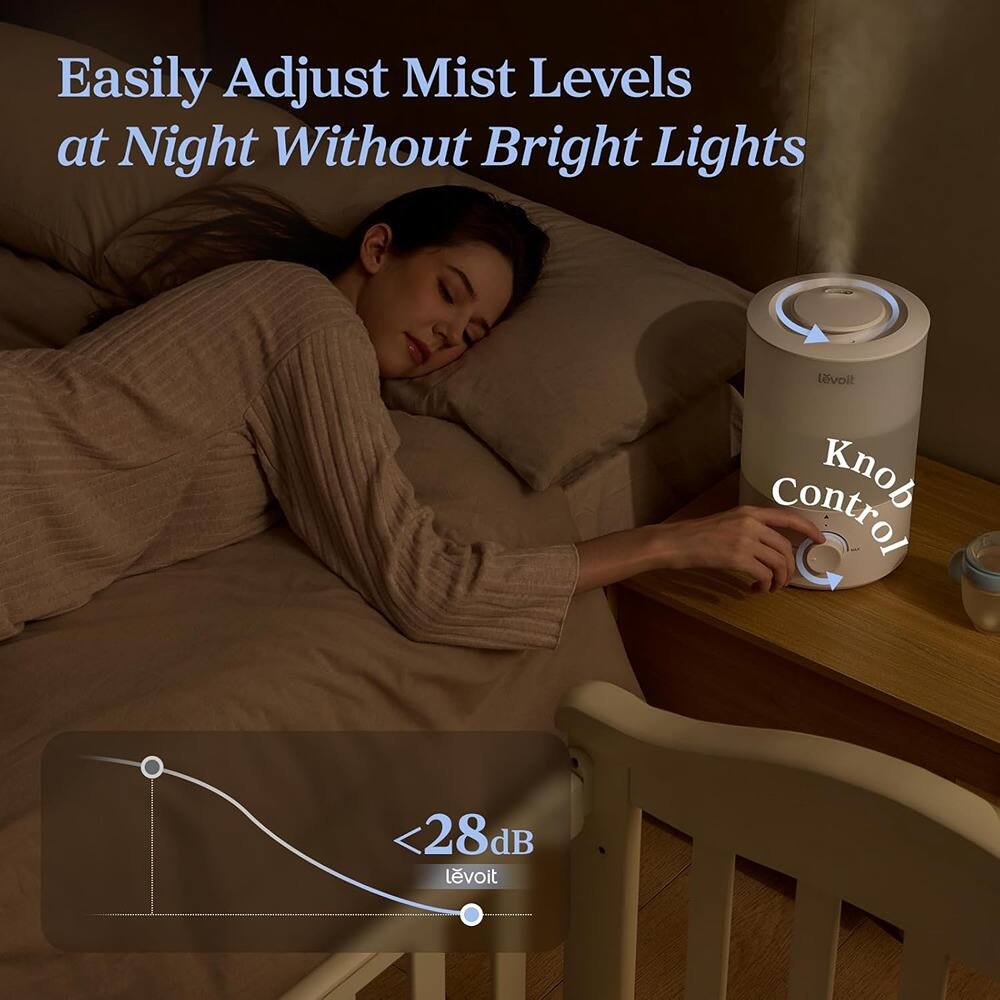 Easily Adjust Mist Levels at Night Without Bright Lights

Levoit Control Knob

<28dB Levoit