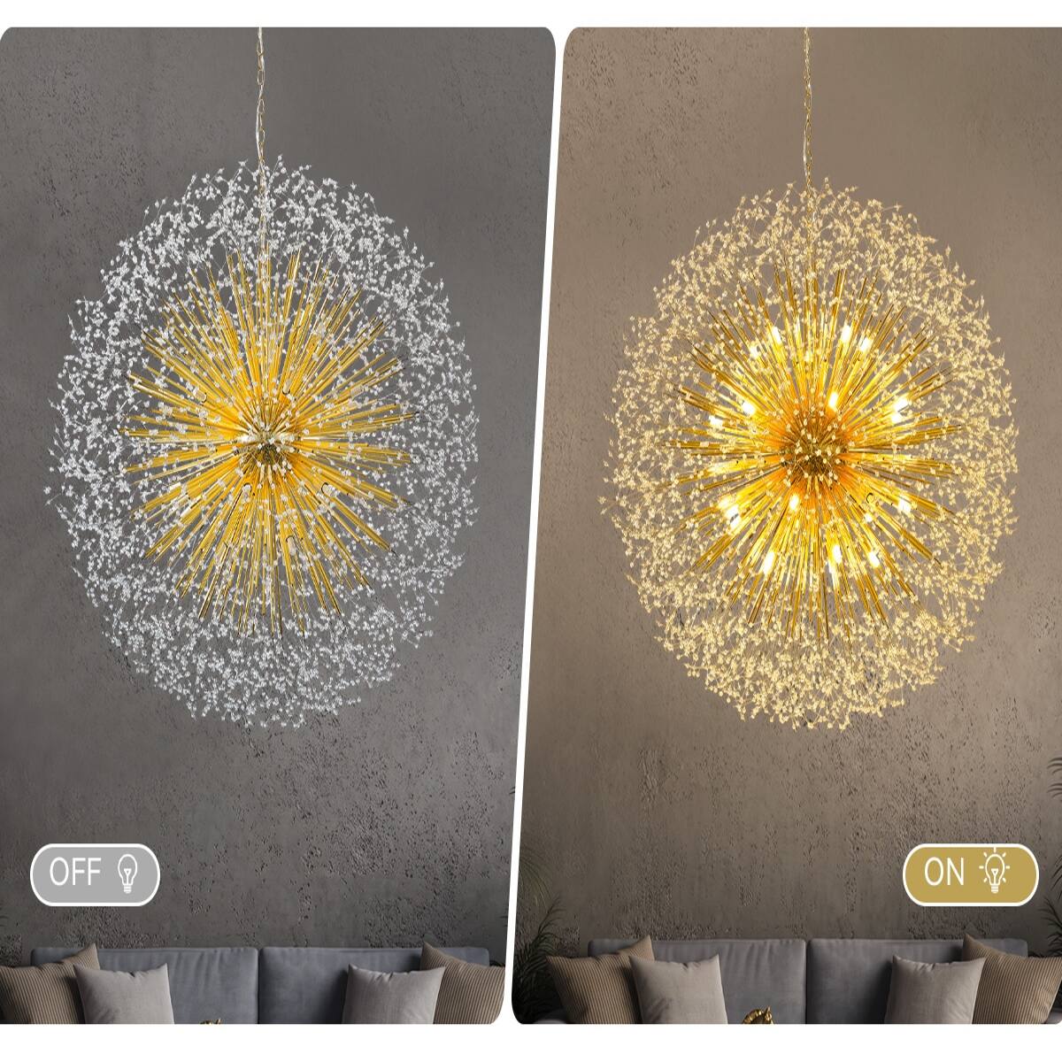 Loheer 48 Inch Crystal Chandelier Gold Modern Firework Sputnik Light ...
