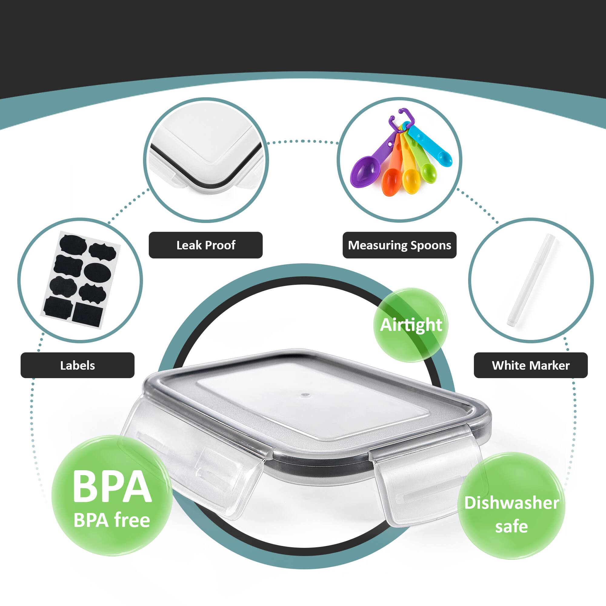 - Leak Proof
- Airtight
- BPA free
- Dishwasher safe
- Labels
- Measuring Spoons
- White Marker