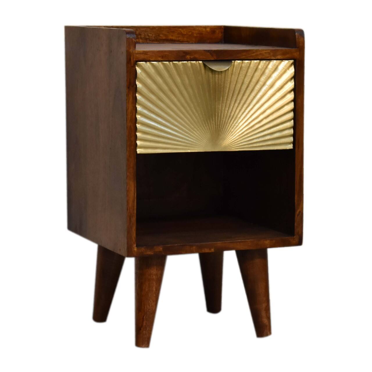 Left. Artisan Furniture - Artisan Furniture Solid Wood Mini Manila Gold Nightstand, 1 Drawer, 1 Open Slot, Nordic Legs, Dark Brown - Chestnut.
