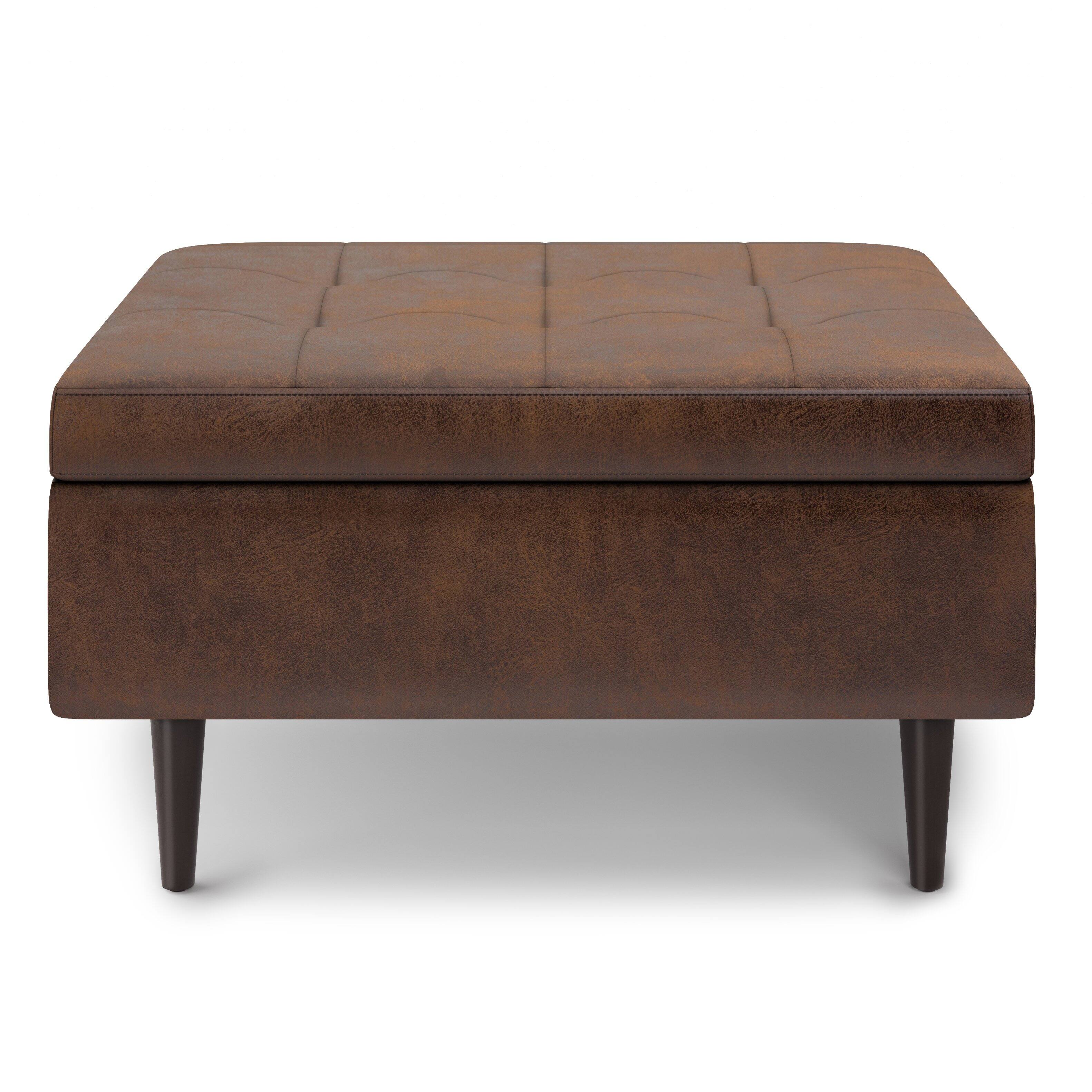 Left. Simpli Home - Shay Mid Century Small Square Coffee Table Storage Ottoman - Distressed Chestnut Brown.