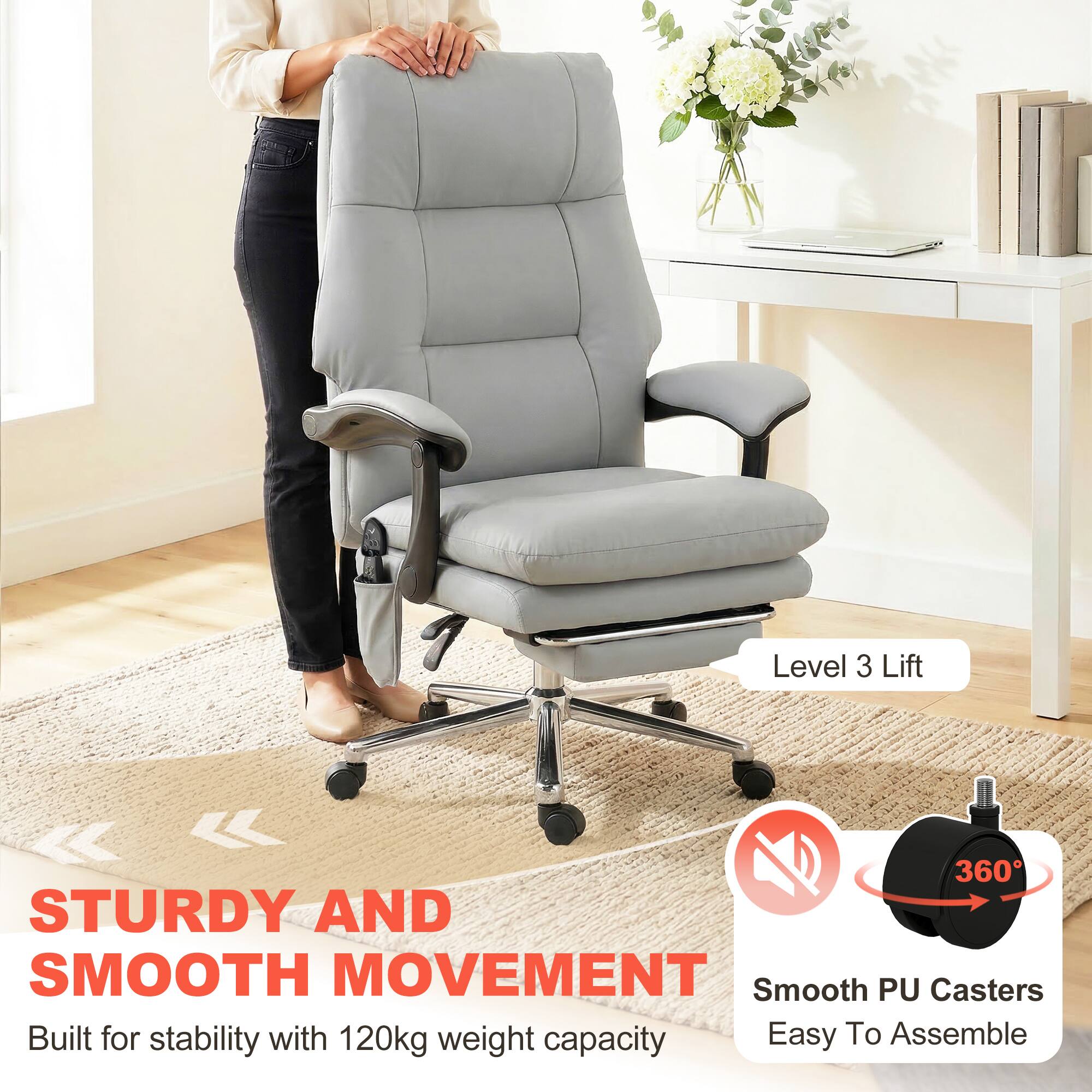 Level 3 Lift  
STURDY AND SMOOTH MOVEMENT  
Built for stability with 120kg weight capacity  
Smooth PU Casters  
360°  
Easy To Assemble