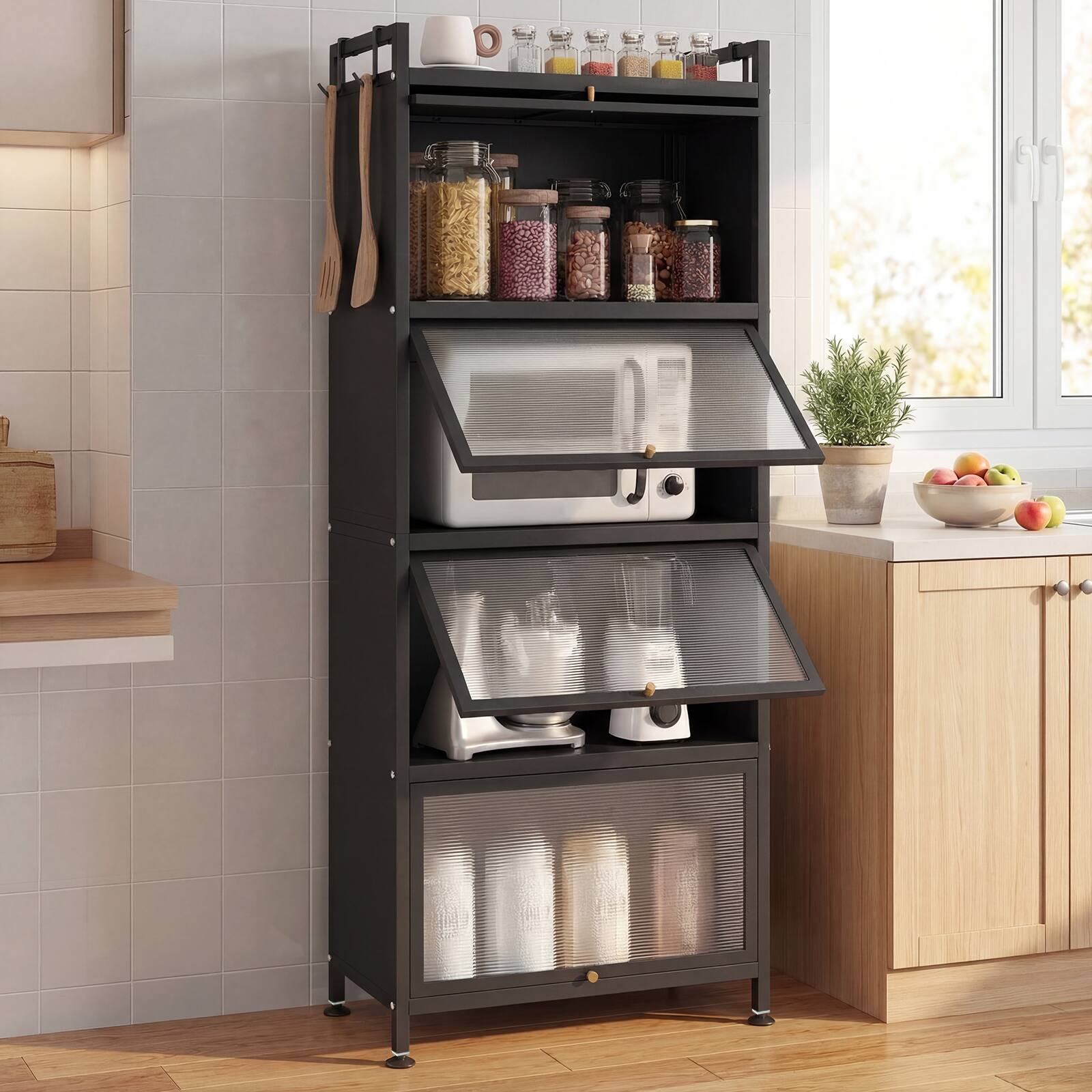 Alt View 1. Costway - Costway 5-Tier Kitchen Baker's Rack Storage Cabinet Mobile Microwave Stand Flip-up Doors - Black.