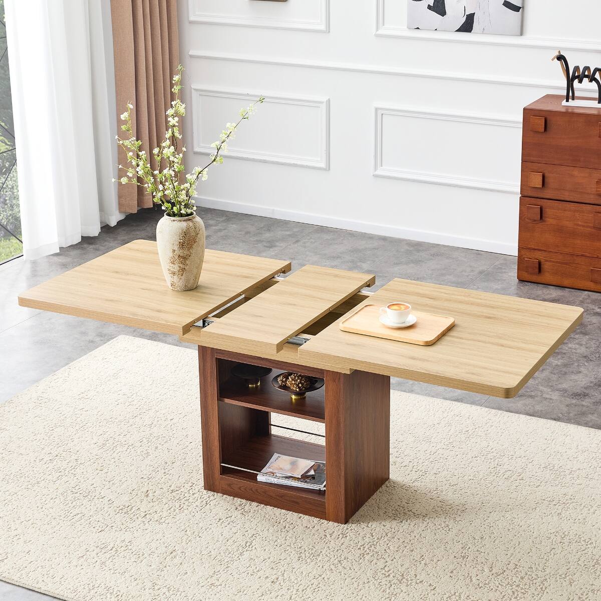 Angle. Loheer - Loheer 59 to 71 inch Extendable Dining Table, Walnut Rectangular Table for 4 to 8 People - Walnut and wood.
