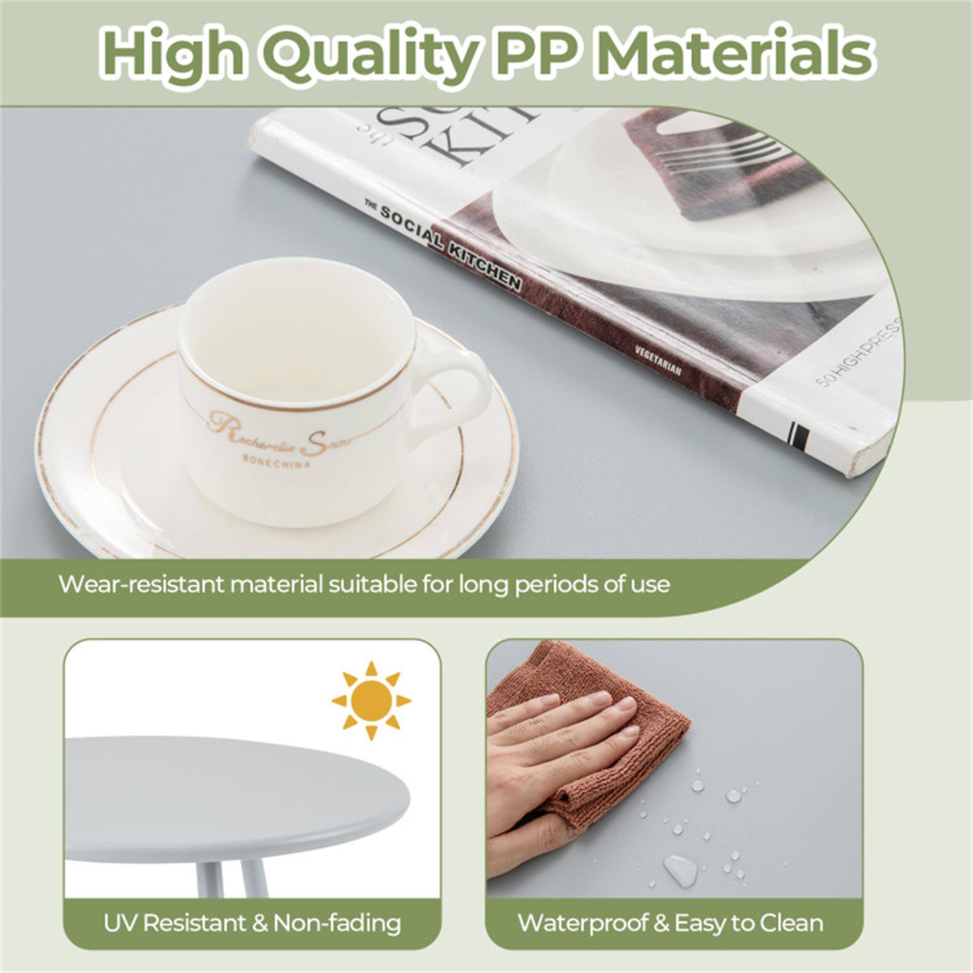 High Quality PP Materials

The Social Kitchen Vegetarian 50 High Press

Wear-resistant material suitable for long periods of use

UV Resistant & Non-fading

Waterproof & Easy to Clean