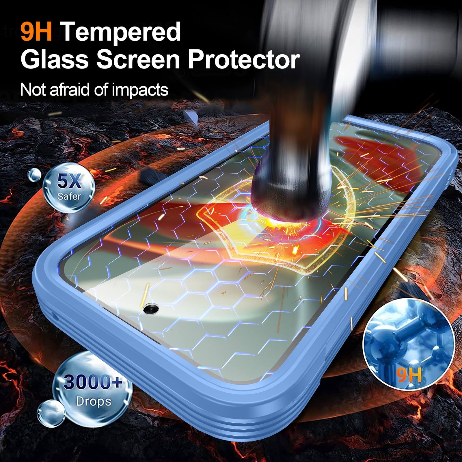 9H Tempered Glass Screen Protector  
Not afraid of impacts  
5X Safer  
3000+ Drops  
9H