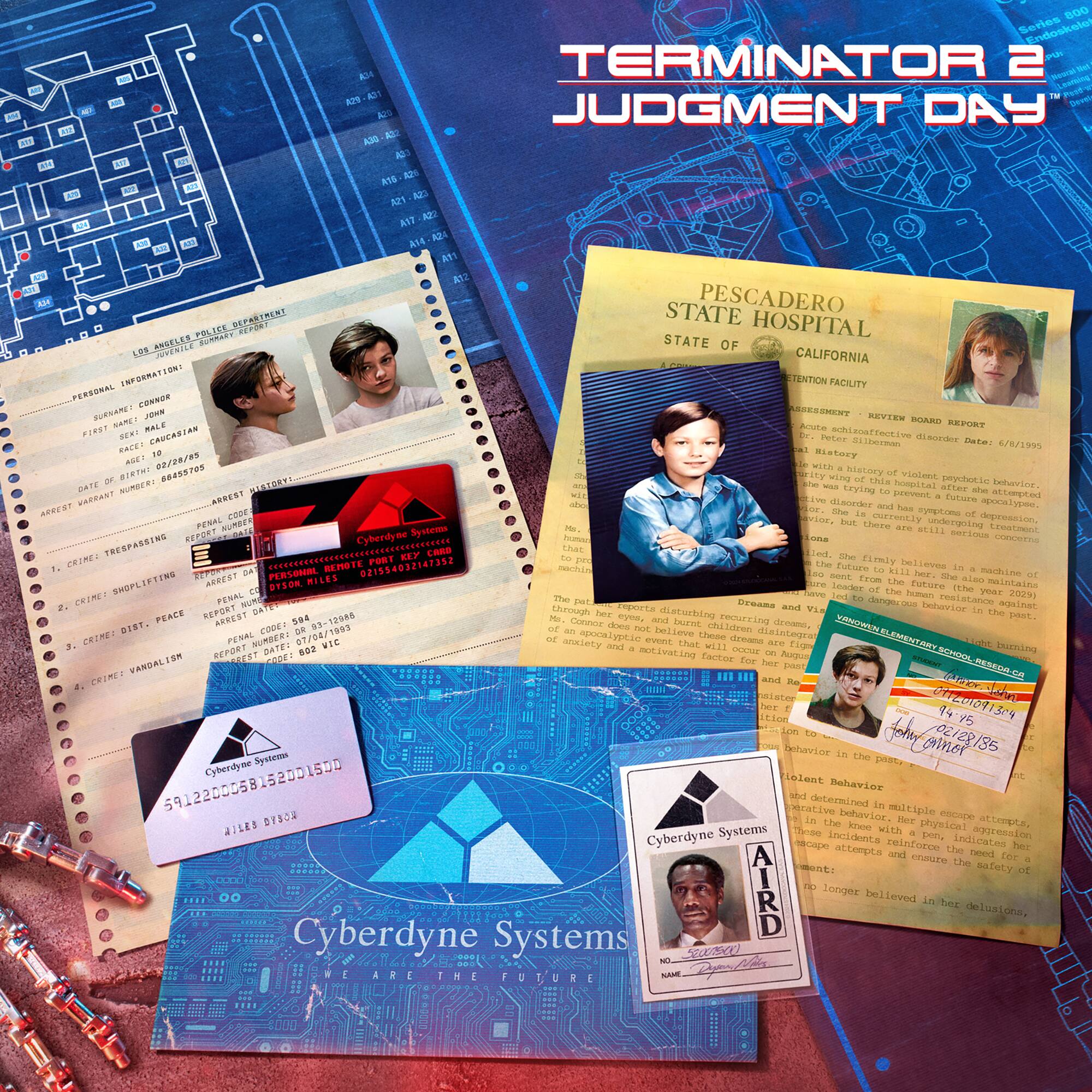 The image features various items related to the Terminator 2 Judgment Day movie. There is a collection of documents, including a fake FBI report, a fake arrest record, and a fake identification card. Additionally, there are two fake business cards, one for Cyberdyne Systems and another for Pescadero Hospital. These items are displayed on a table, creating a sense of authenticity and connection to the movie's theme.