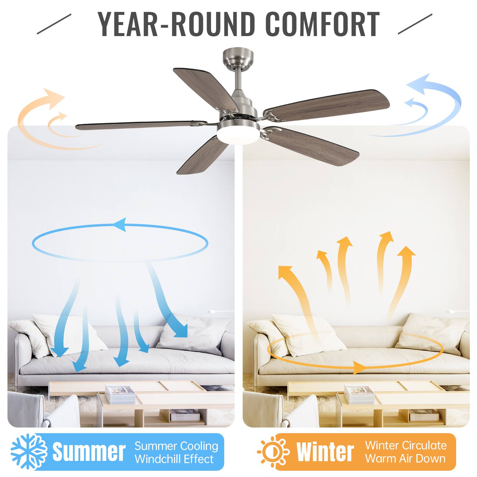 YEAR-ROUND COMFORT

Summer  
Summer Cooling  
Windchill Effect

Winter  
Winter Circulate  
Warm Air Down