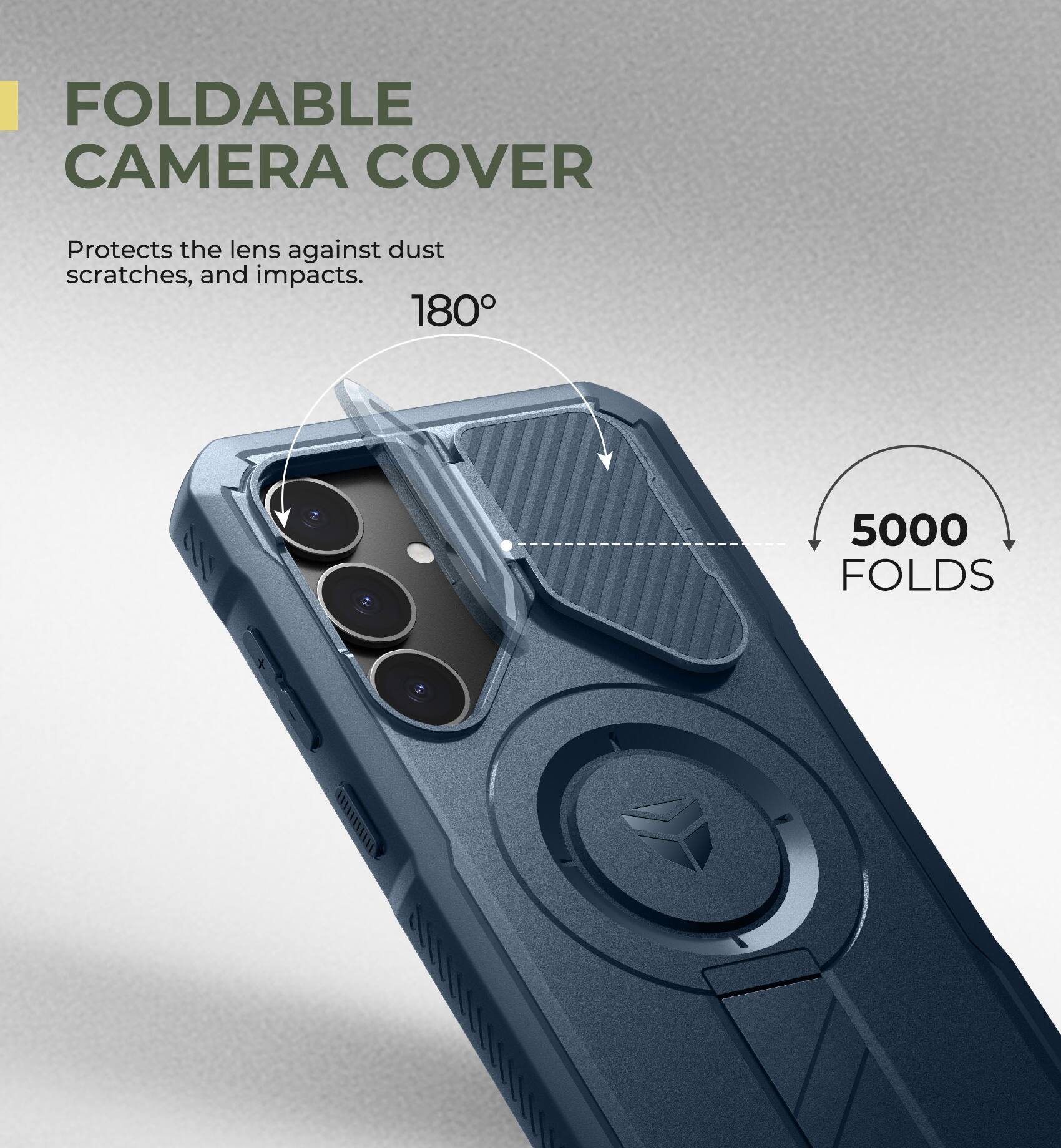 FOLDABLE CAMERA COVER
Protects the lens against dust scratches, and impacts.
180°
5000 FOLDS