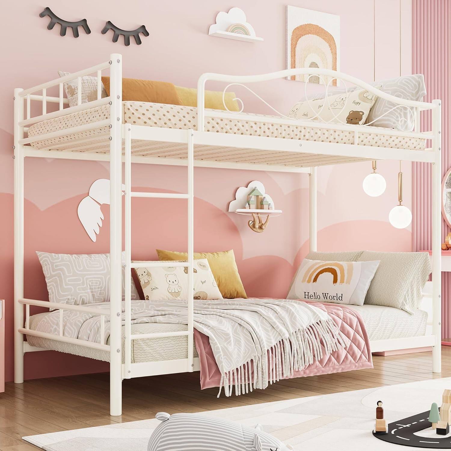 Homhougo - Twin Over Twin Metal Bunk Bed with Ladder & Guardrails, Heavy Duty, Sturdy Twin Bunk Bed - Beige