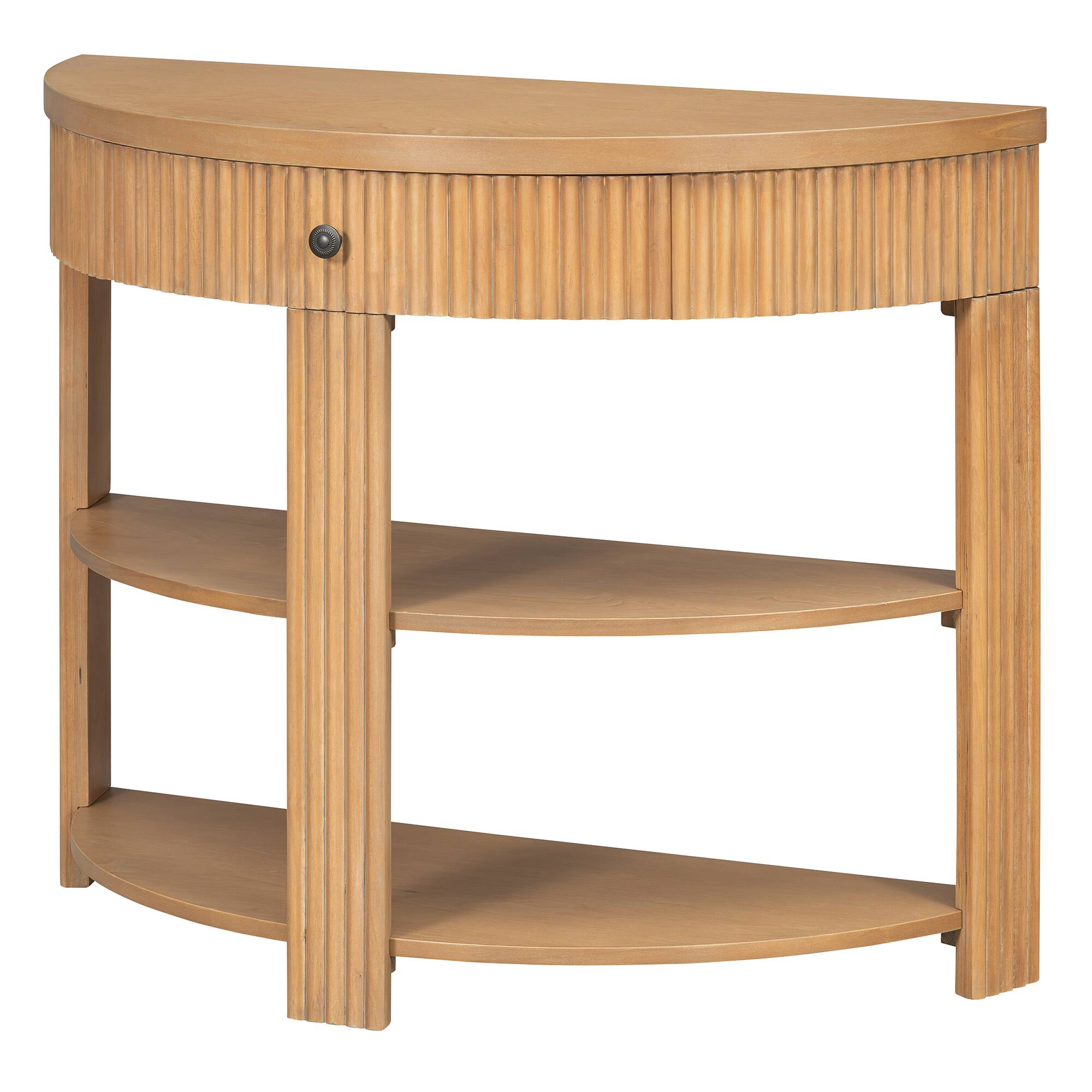Alt View 5. MERAVOM - Fluted Half Moon Console Table with Drawer and 2 Shelves, 3 Tier Sofa Table with Storage, Entryway Table for Living Room - Natural.
