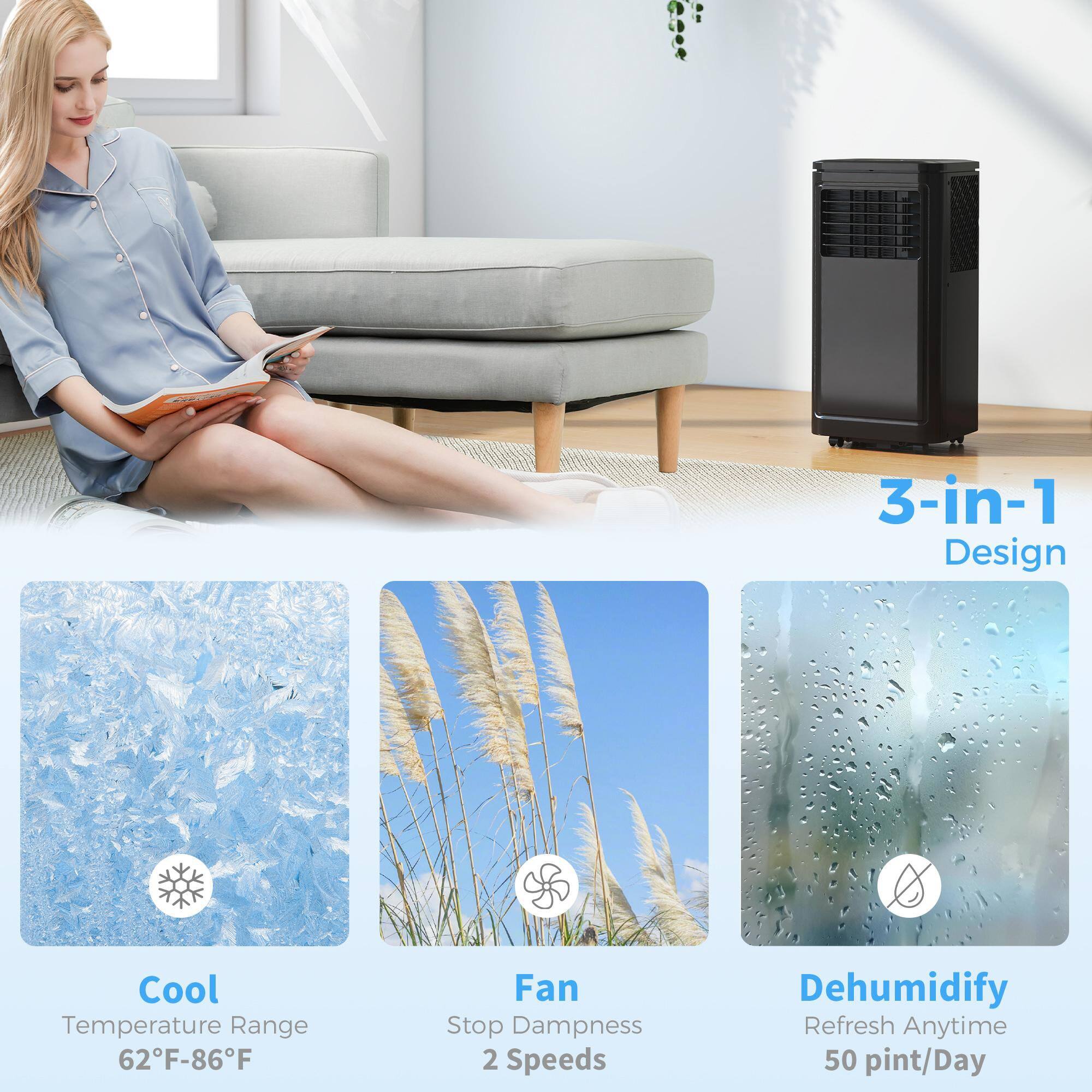 3-in-1 Design

Cool  
Temperature Range  
62°F-86°F

Fan  
Stop Dampness  
2 Speeds

Dehumidify  
Refresh Anytime  
50 pint/Day