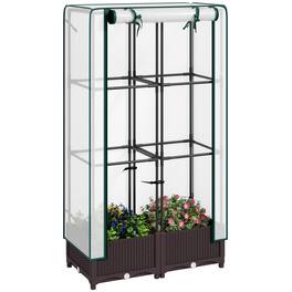 Outsunny - Plastic Raised Garden Bed with Trellis, Outdoor Planter Box with PE Greenhouse Cover, Drainage Holes and Zipper Door - Brown