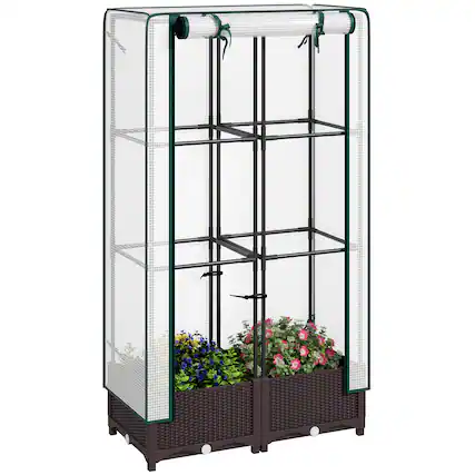 Front. Outsunny - Plastic Raised Garden Bed with Trellis, Outdoor Planter Box with PE Greenhouse Cover, Drainage Holes and Zipper Door - Brown.