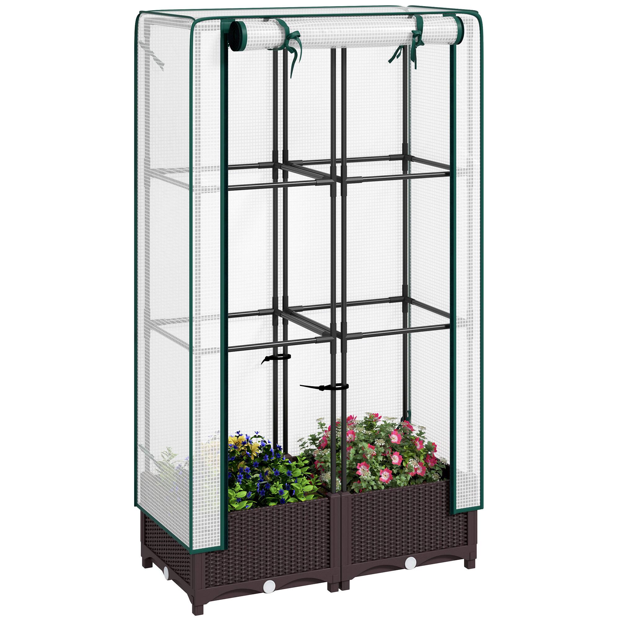 Front. Outsunny - Plastic Raised Garden Bed with Trellis, Outdoor Planter Box with PE Greenhouse Cover, Drainage Holes and Zipper Door - Brown.