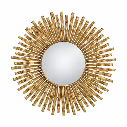 Front. RYHNUYNE - 27 in Sunburst Wall Mirror, Gold Finish, Round Decorative Accent, 6.4 lbs, Entryway and Living Room - Gold.