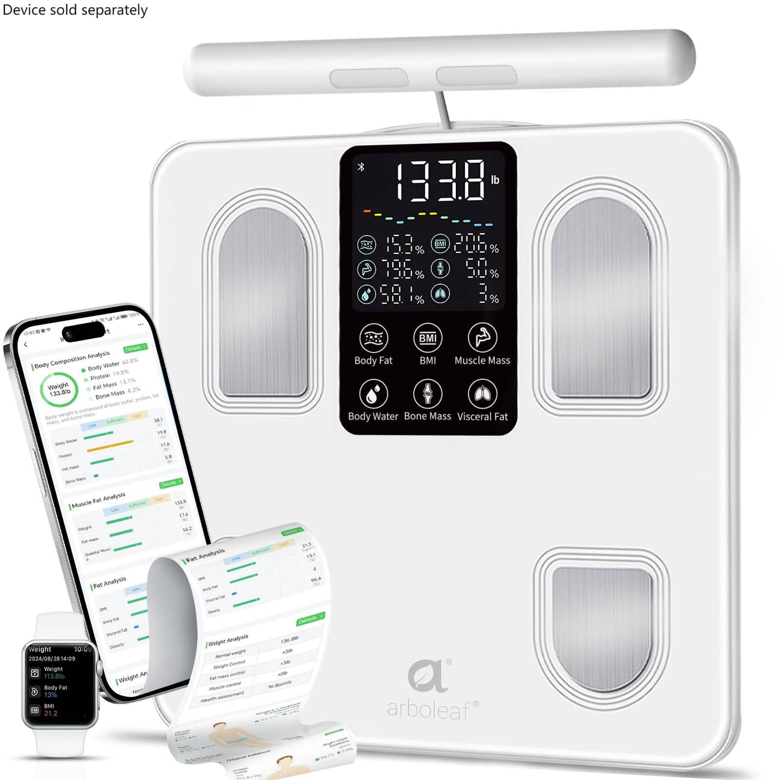 Arboleaf - Scale for Body Weight, Full Body Composition Analyzer, 8-Electrode High Precision Digital Scale, Bluetooth Sync - White