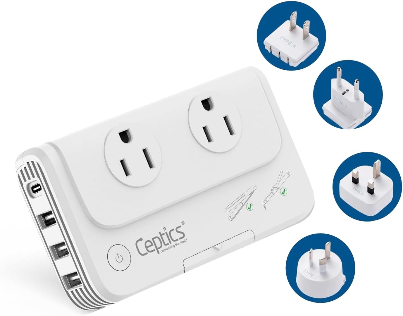 Ceptics - 200 W Voltage Converter, Convert 220 V to 110V for Devices Like Curling Iron, Straightener, Chargers - White