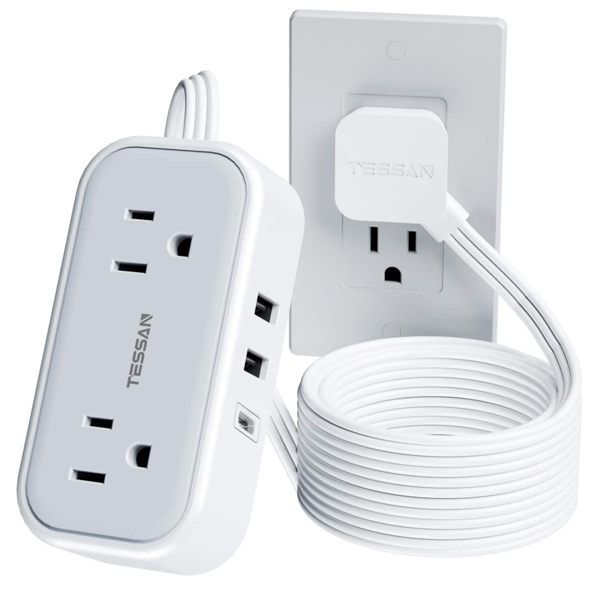 TESSAN - 5 Ft Flat Extension Cord Plug,Power Strip with 2 Outlets and 3 USB Ports ( 1USB-C ) - Grey White
