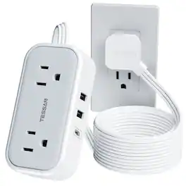 TESSAN - 5 Ft Flat Extension Cord Plug,Power Strip with 2 Outlets and 3 USB Ports ( 1USB-C ) - Grey White