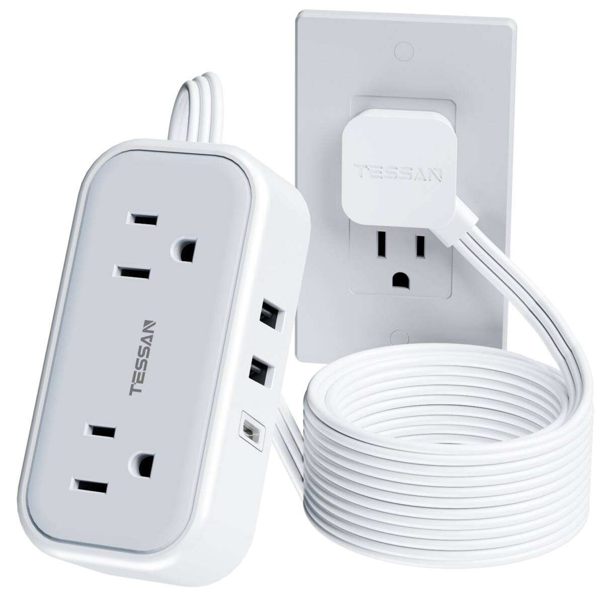 TESSAN - 5 Ft Flat Extension Cord Plug,Power Strip with 2 Outlets and 3 USB Ports ( 1USB-C ) - Grey White