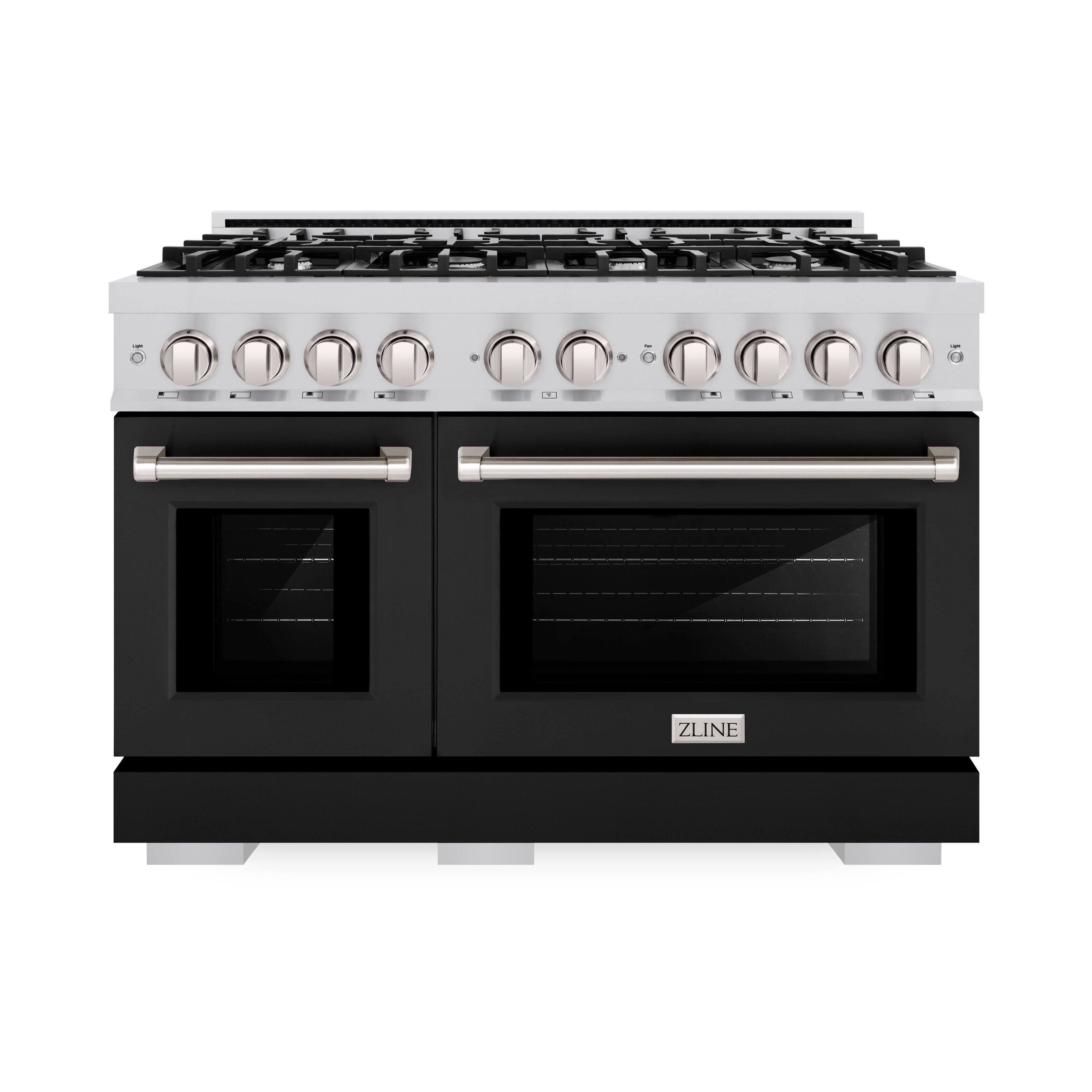 Angle. ZLINE - ZLINE 48" Select Double Oven Dual Fuel Range w/ 8 Burners & Black Matte Doors (HDR-BLM-48) - Black.