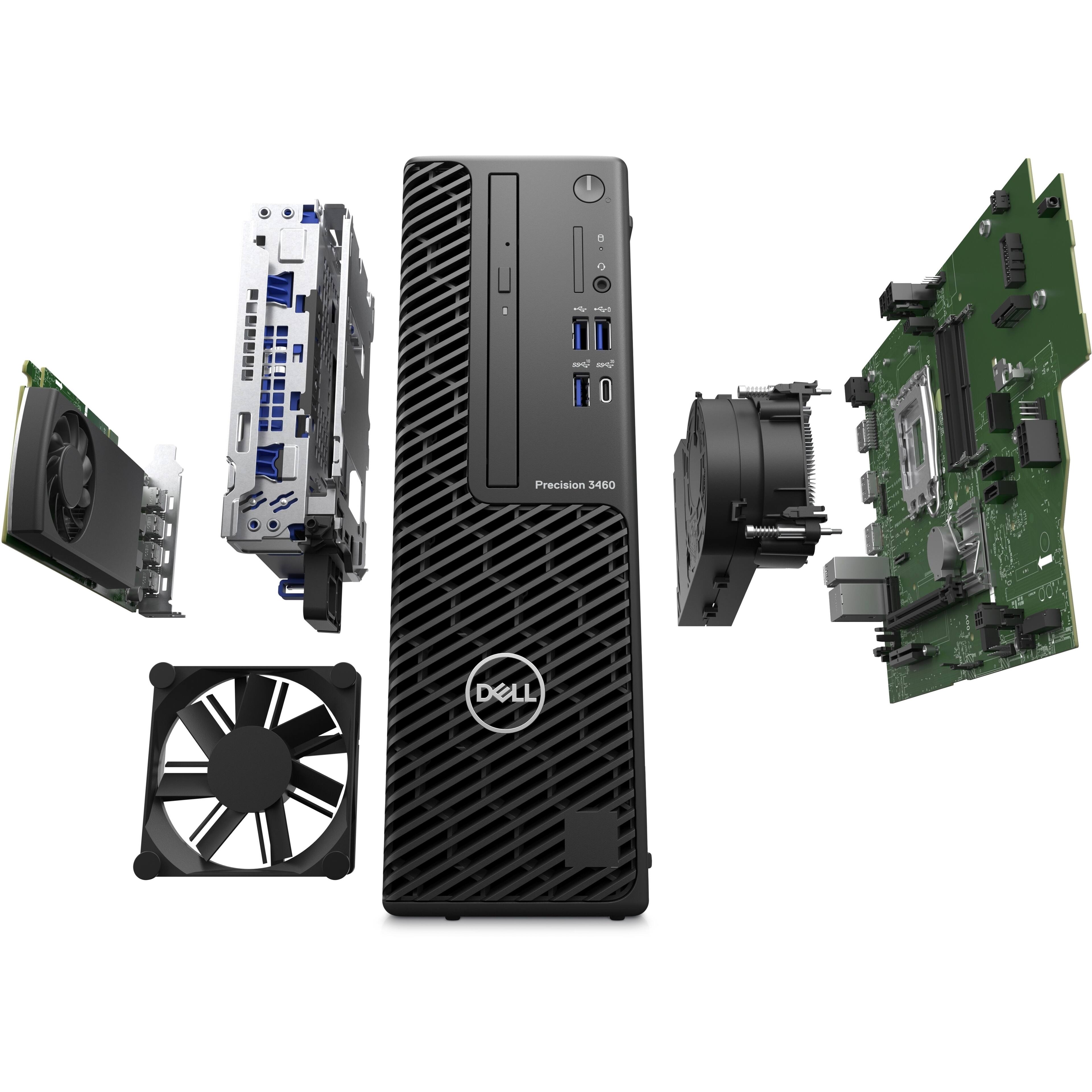 The image shows a computer tower, a hard drive, a fan, and a motherboard. The computer tower is a Dell Precision 3460.
