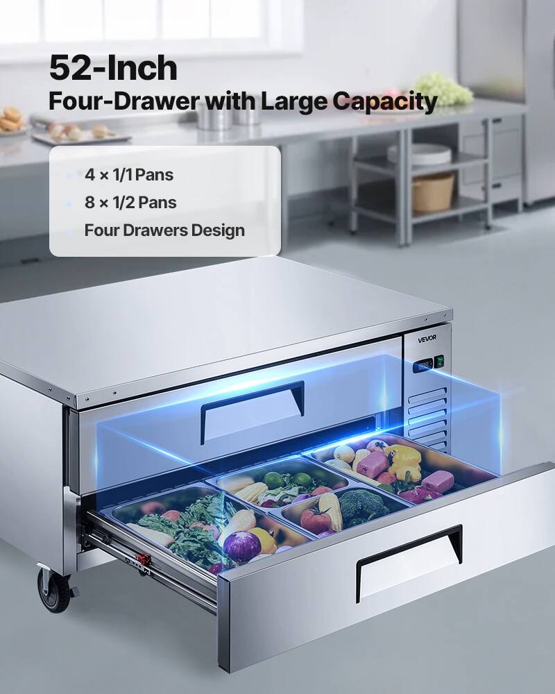 52-Inch Four-Drawer with Large Capacity

4 x 1/1 Pans  
8 x 1/2 Pans  
Four Drawers Design

VEVOR