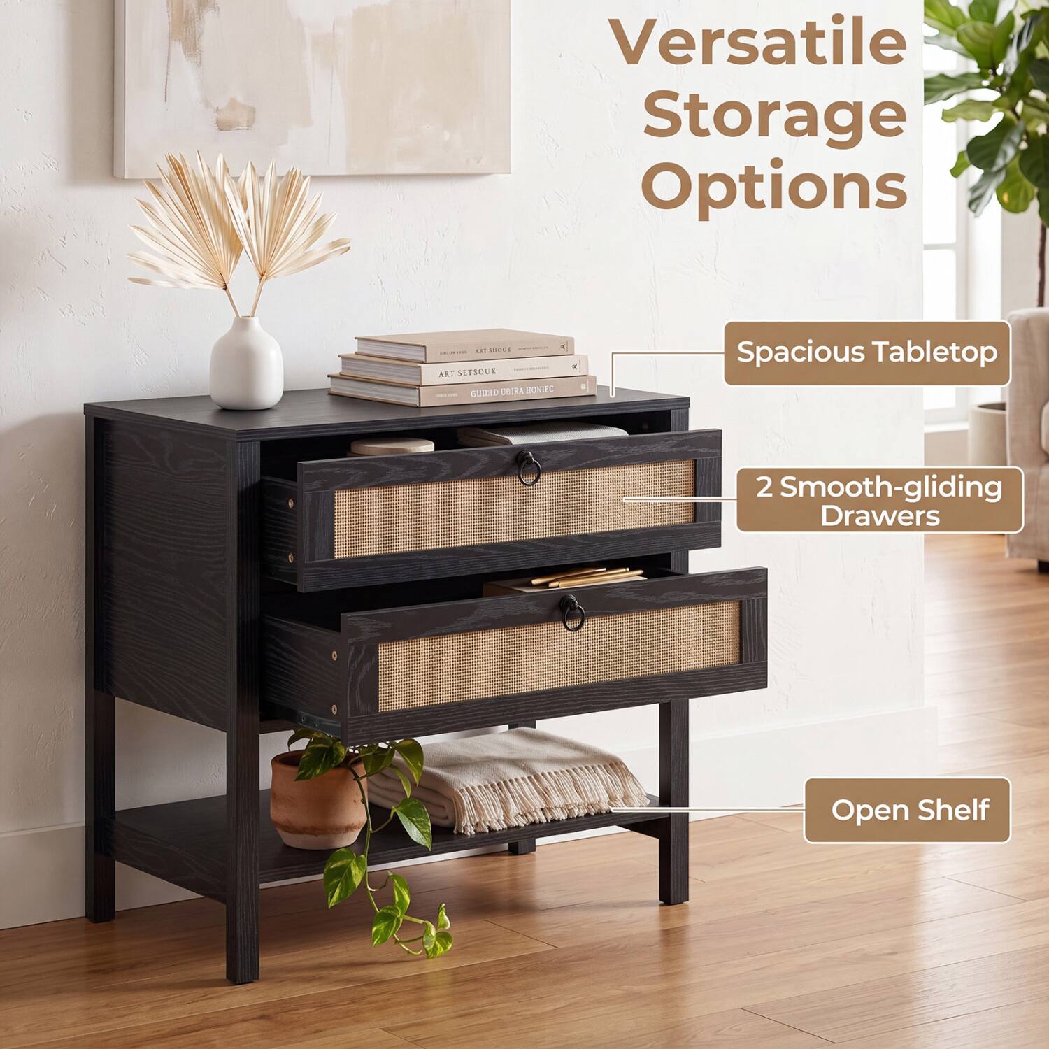 Versatile Storage Options

Spacious Tabletop

2 Smooth-gliding Drawers

Open Shelf