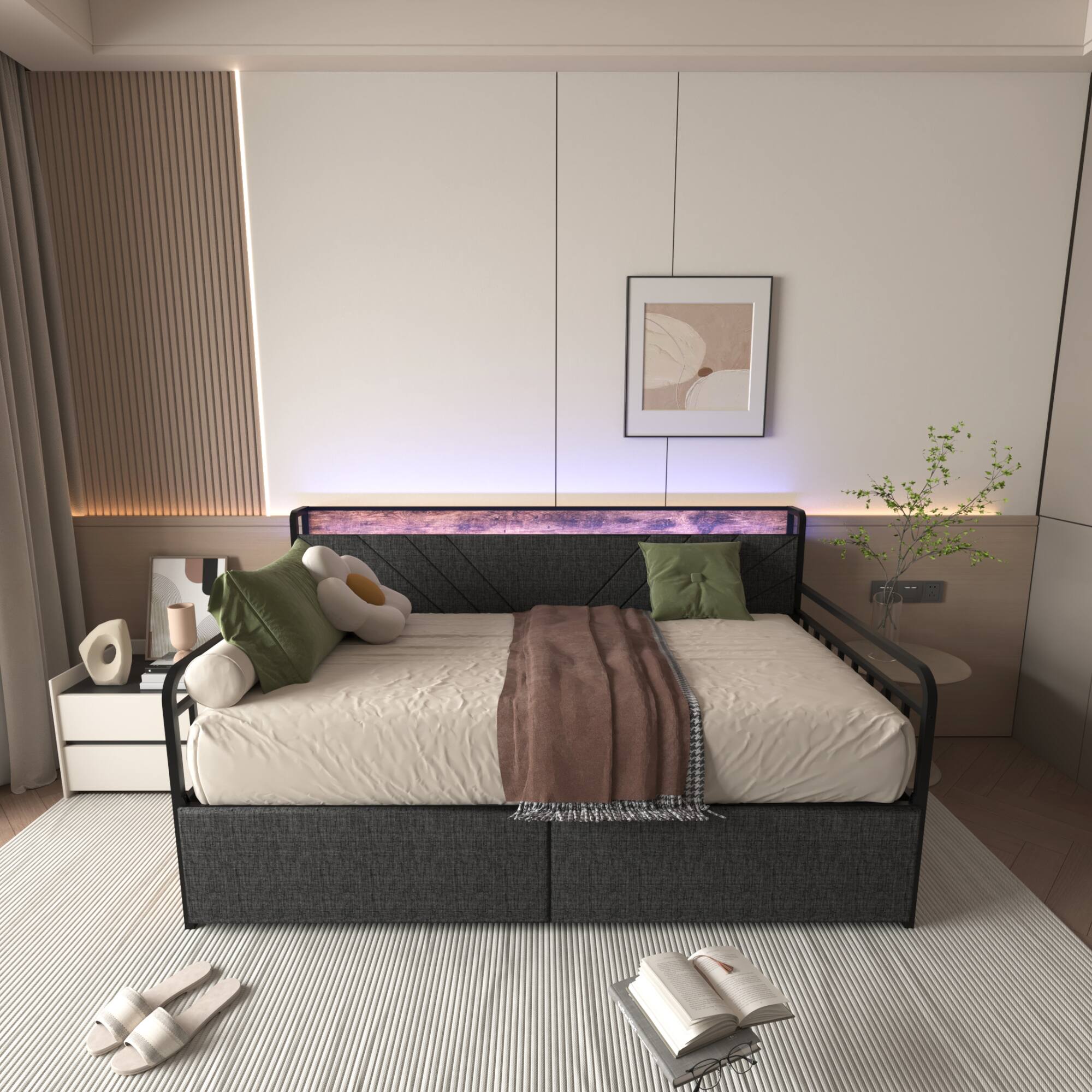Alt View 2. GOODSILO - Modern Twin Daybed with Upholstered Headboard, Built-in Charging Station, Storage Drawers, and RGB LED Lighting - Black+Brown+Grey.