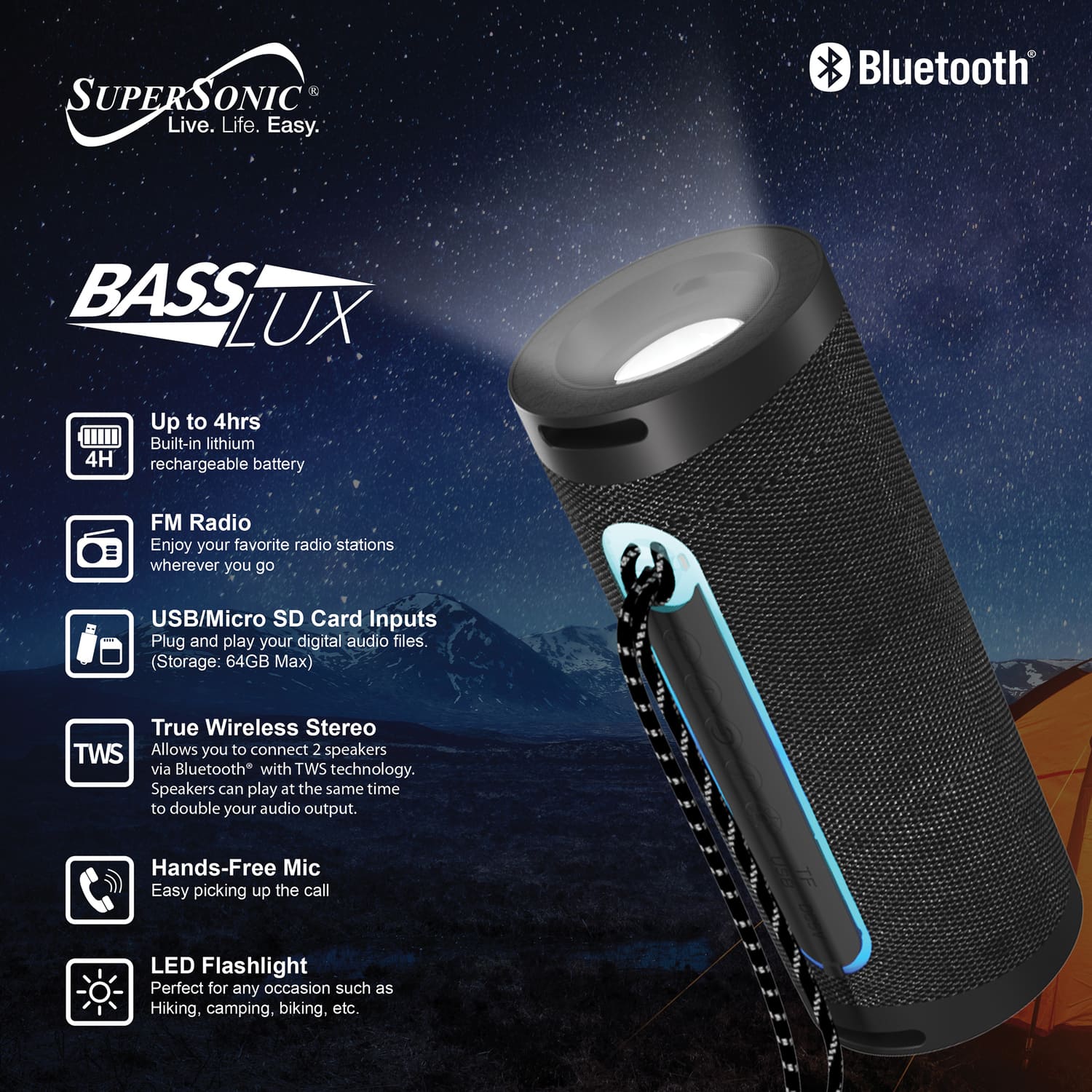Supersonic Portable Bluetooth Speaker SC 2340BT, LED Flashlight