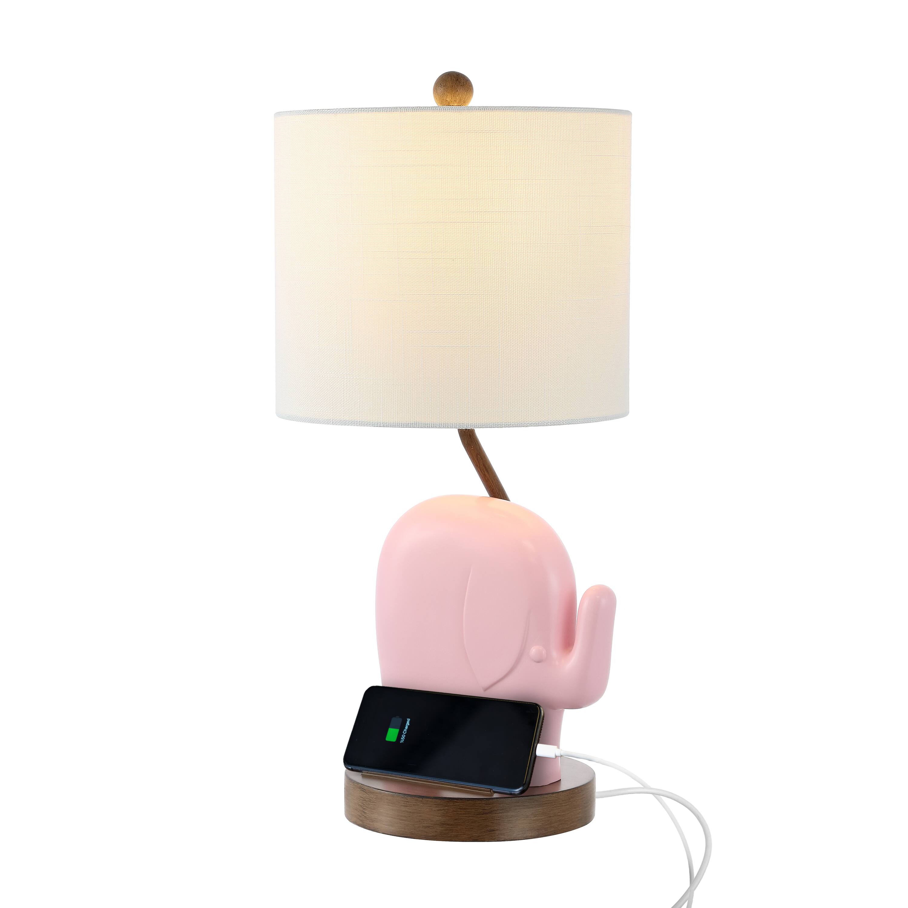 Front. Jonathan Y - Ellie 20.25" Bohemian Designer Iron/Resin Elephant LED Kids' Table Lamp with Phone Stand and USB Charging Port, Pink.