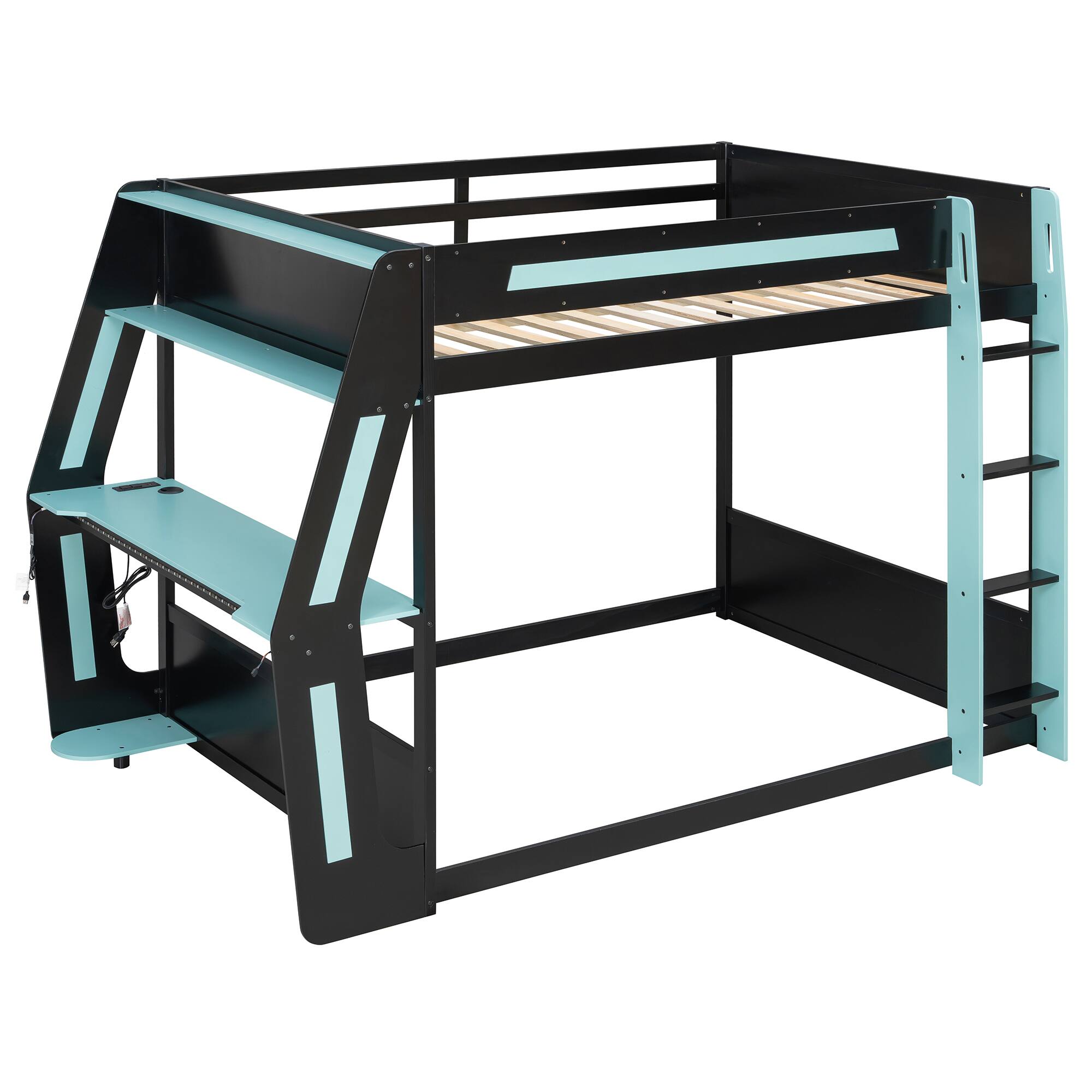 Angle. Whisen - Full Size Gaming Bunk Bed with RGB Desk,USB Ports and Cable Management - Blue.